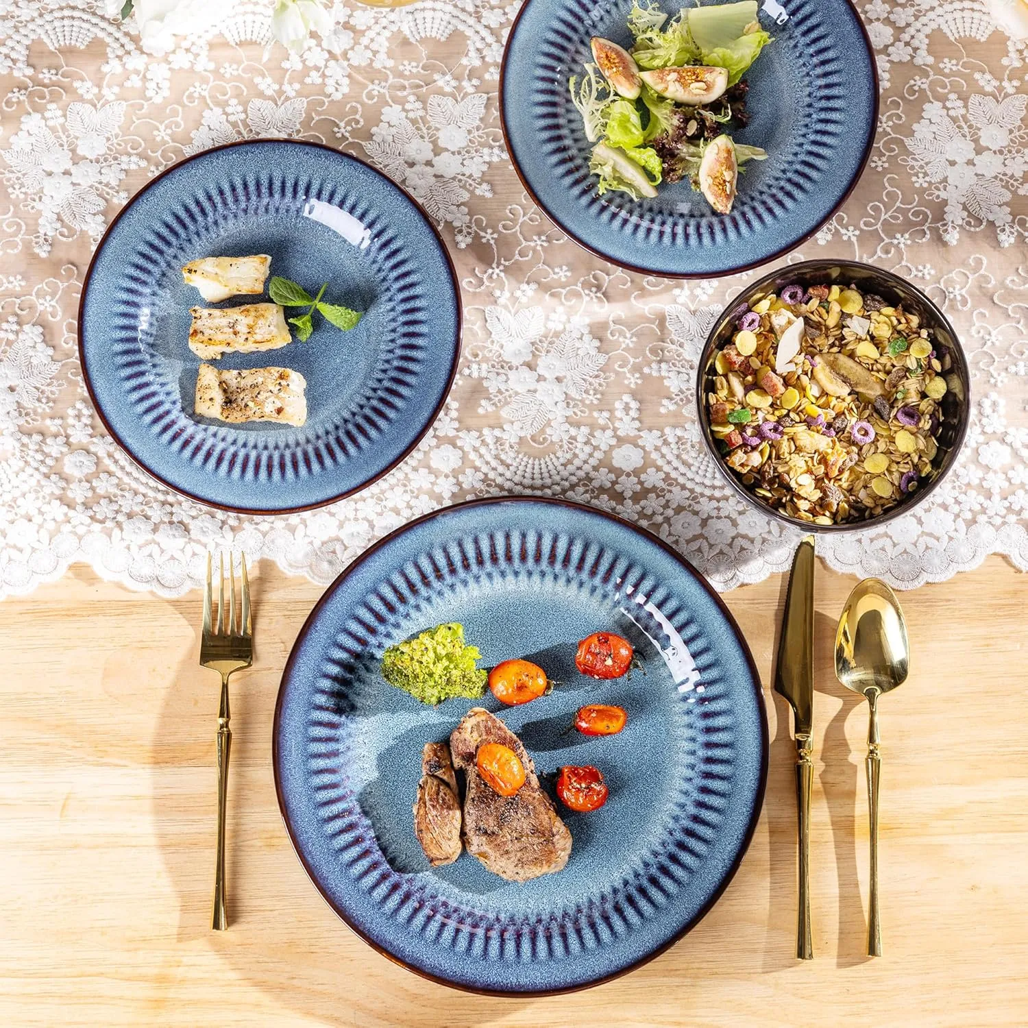 LERATIO Ceramic Dinnerware Sets,Handcraft Embossed Stoneware Plates and Bowls Sets,Highly Chip and Crack Resistant | Dishwasher & Microwave & Oven Safe Dishes set,Service for 4 (12pc)-Blue