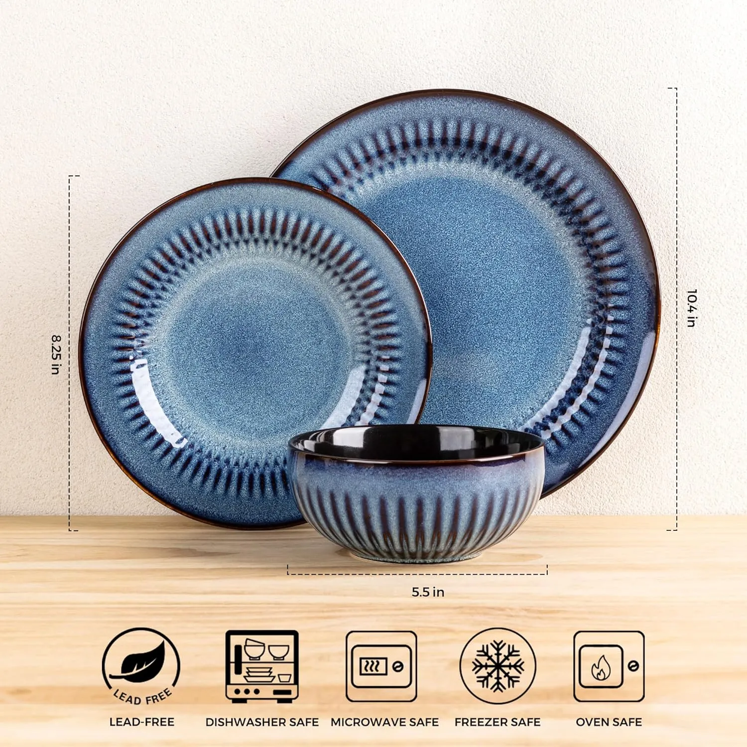 LERATIO Ceramic Dinnerware Sets,Handcraft Embossed Stoneware Plates and Bowls Sets,Highly Chip and Crack Resistant | Dishwasher & Microwave & Oven Safe Dishes set,Service for 4 (12pc)-Blue