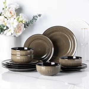 LERATIO Ceramic Dinnerware Sets,Handcraft Embossed Stoneware Plates and Bowls Sets,Highly Chip and Crack Resistant | Dishwasher & Microwave & Oven Safe Dishes set,Service for 4 (12pc)-Coffee