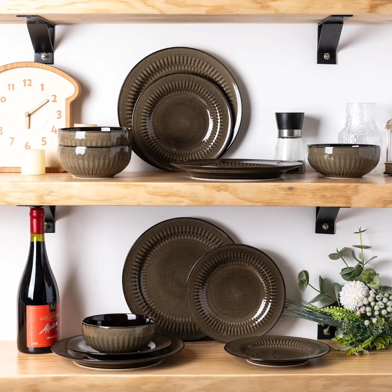 LERATIO Ceramic Dinnerware Sets,Handcraft Embossed Stoneware Plates and Bowls Sets,Highly Chip and Crack Resistant | Dishwasher & Microwave & Oven Safe Dishes set,Service for 4 (12pc)-Coffee