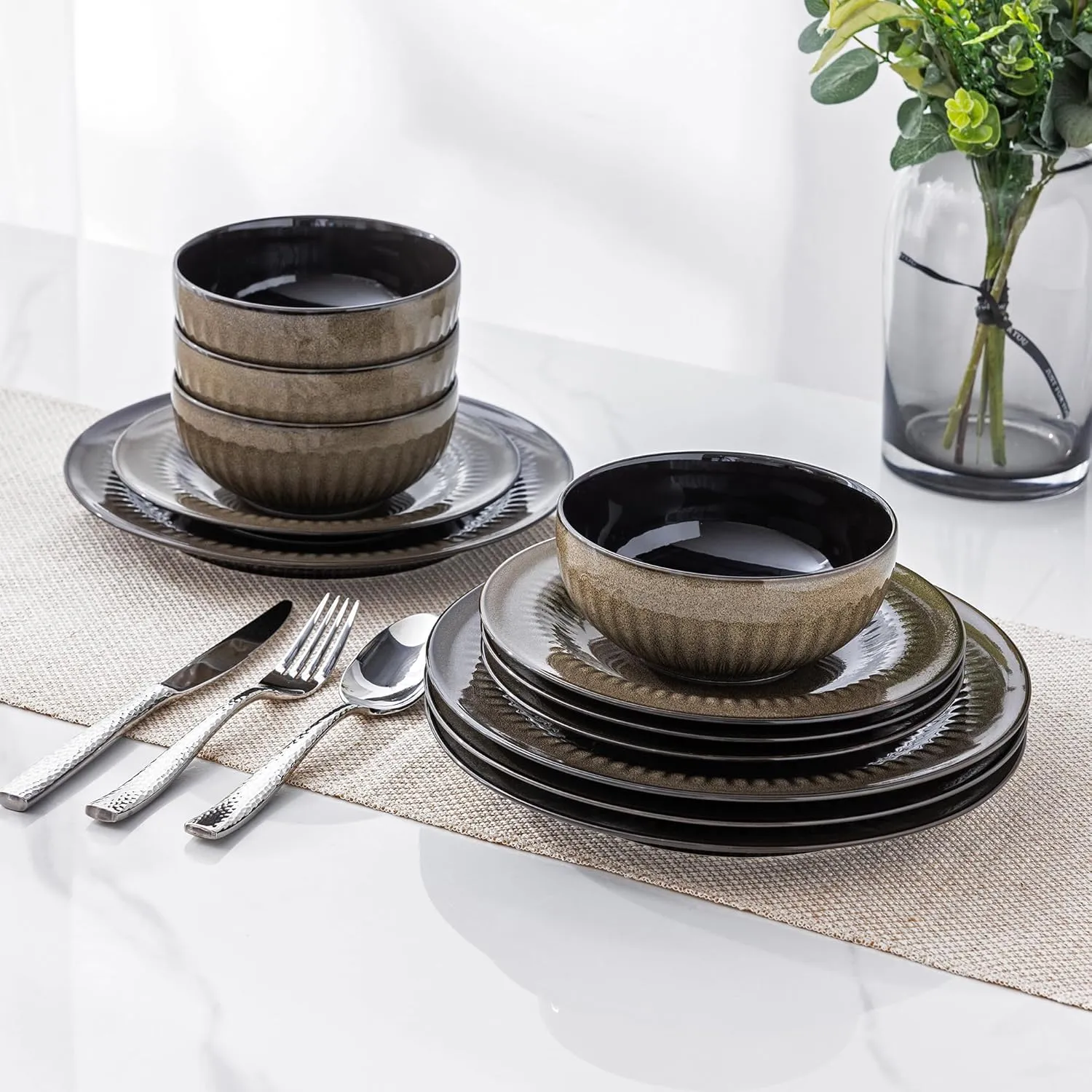 LERATIO Ceramic Dinnerware Sets,Handcraft Embossed Stoneware Plates and Bowls Sets,Highly Chip and Crack Resistant | Dishwasher & Microwave & Oven Safe Dishes set,Service for 4 (12pc)-Coffee