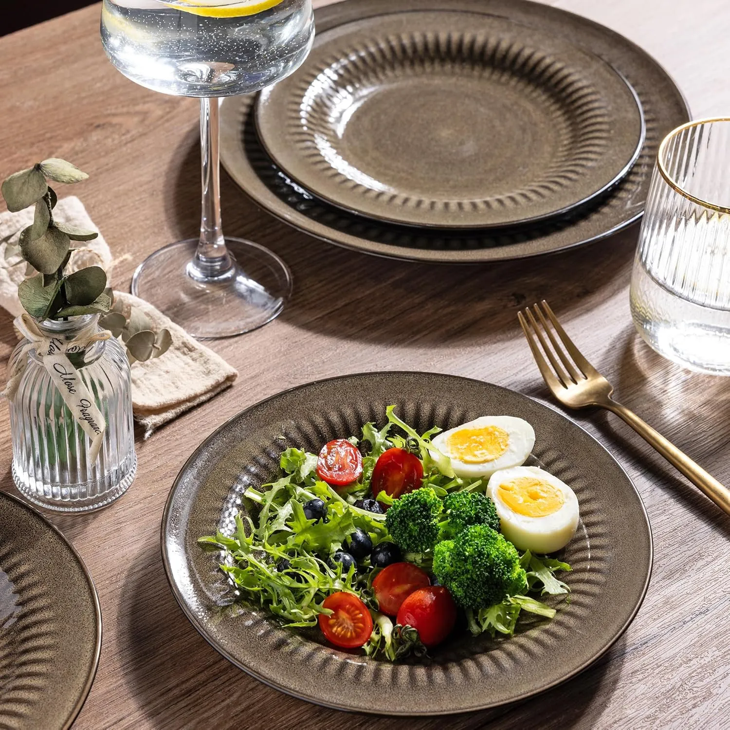 LERATIO Ceramic Dinnerware Sets,Handcraft Embossed Stoneware Plates and Bowls Sets,Highly Chip and Crack Resistant | Dishwasher & Microwave & Oven Safe Dishes set,Service for 4 (12pc)-Coffee
