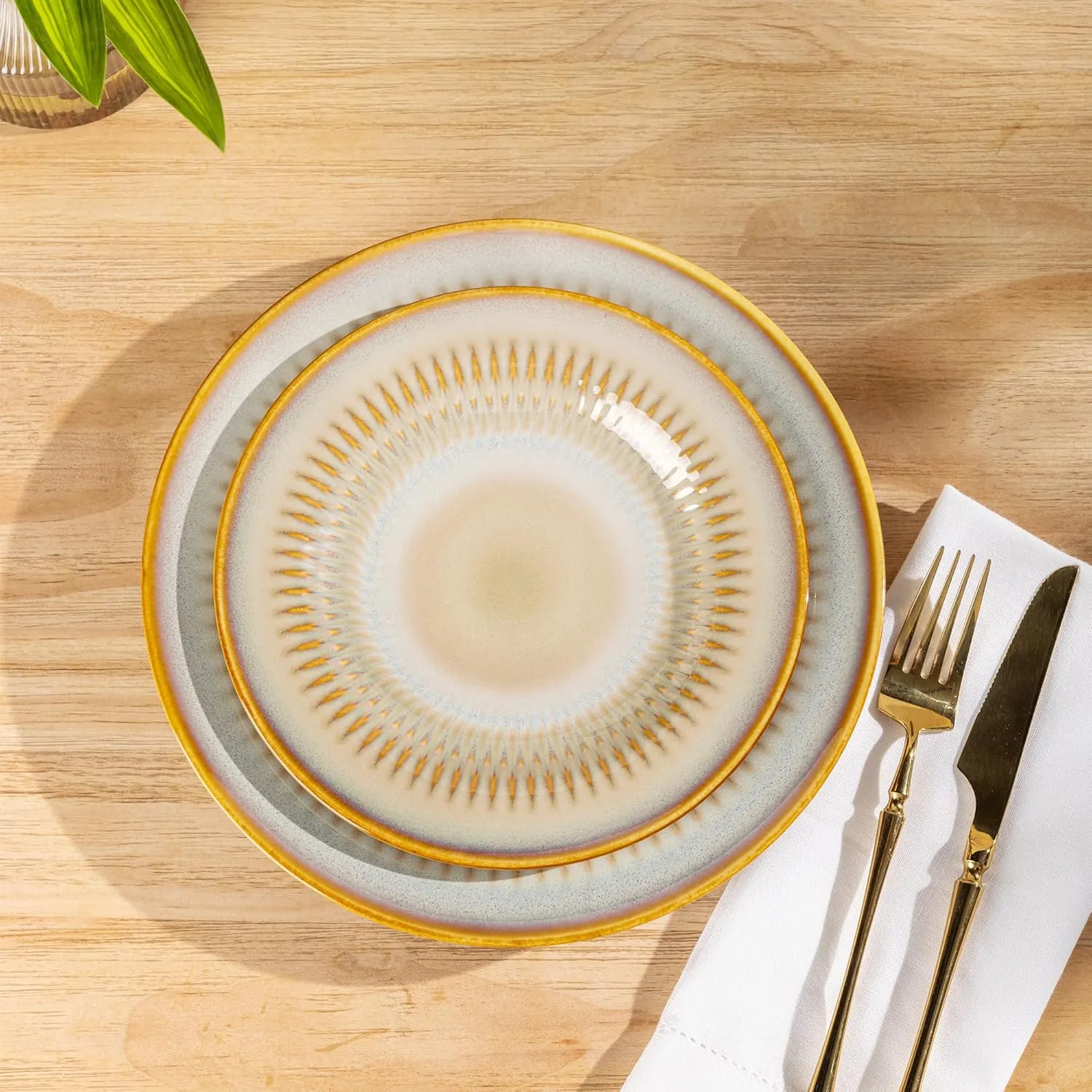 LERATIO Ceramic Dinnerware Sets,Handcraft Embossed Stoneware Plates and Bowls Sets,Highly Chip and Crack Resistant | Dishwasher & Microwave & Oven Safe Dishes set,Service for 4 (12pc)-Kahki