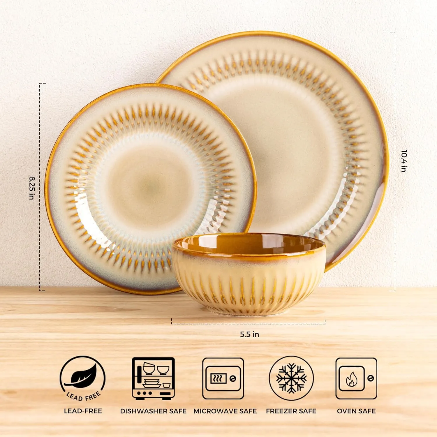 LERATIO Ceramic Dinnerware Sets,Handcraft Embossed Stoneware Plates and Bowls Sets,Highly Chip and Crack Resistant | Dishwasher & Microwave & Oven Safe Dishes set,Service for 4 (12pc)-Kahki