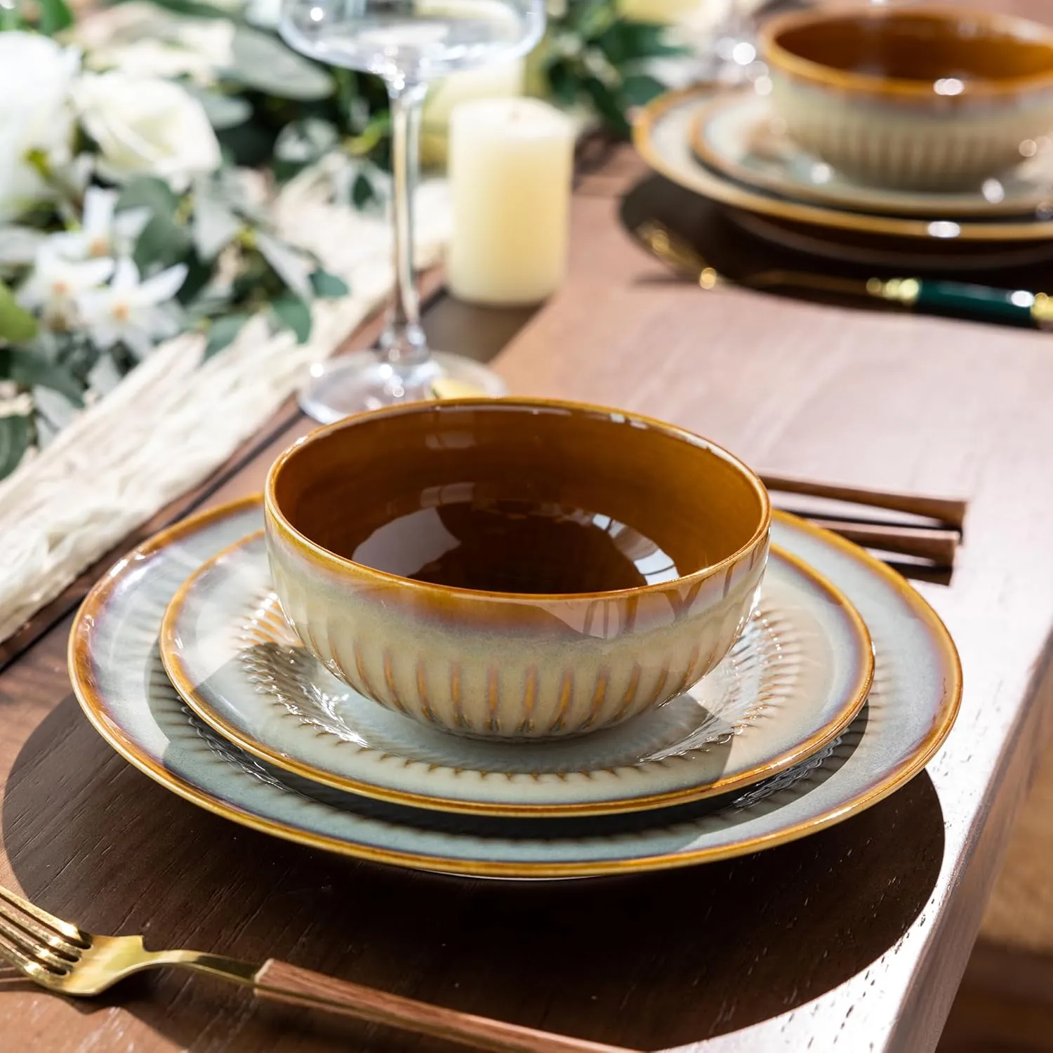 LERATIO Ceramic Dinnerware Sets,Handcraft Embossed Stoneware Plates and Bowls Sets,Highly Chip and Crack Resistant | Dishwasher & Microwave & Oven Safe Dishes set,Service for 4 (12pc)-Kahki