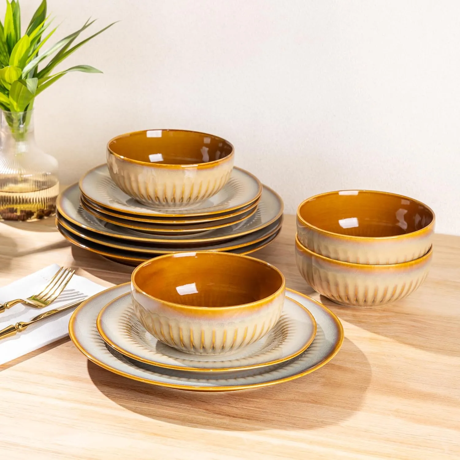 LERATIO Ceramic Dinnerware Sets,Handcraft Embossed Stoneware Plates and Bowls Sets,Highly Chip and Crack Resistant | Dishwasher & Microwave & Oven Safe Dishes set,Service for 4 (12pc)-Kahki