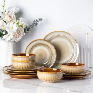 LERATIO Ceramic Dinnerware Sets,Handcraft Embossed Stoneware Plates and Bowls Sets,Highly Chip and Crack Resistant | Dishwasher & Microwave & Oven Safe Dishes set,Service for 4 (12pc)-Kahki