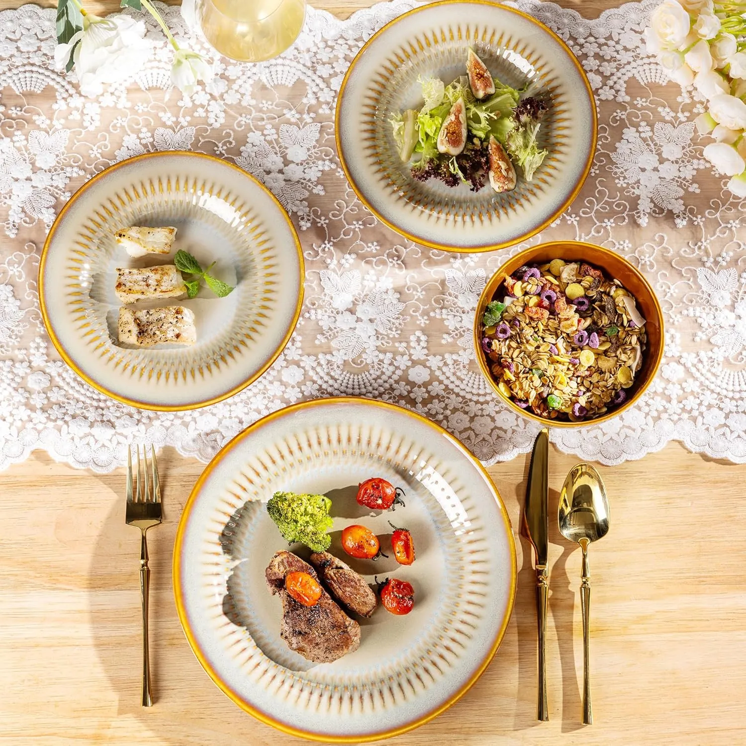 LERATIO Ceramic Dinnerware Sets,Handcraft Embossed Stoneware Plates and Bowls Sets,Highly Chip and Crack Resistant | Dishwasher & Microwave & Oven Safe Dishes set,Service for 4 (12pc)-Kahki