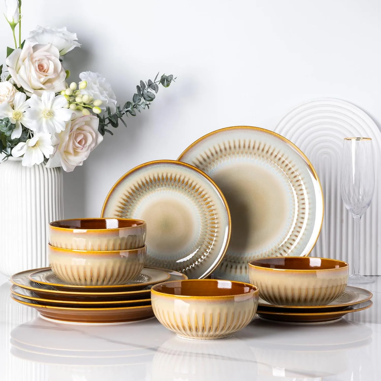 LERATIO Ceramic Dinnerware Sets,Handcraft Embossed Stoneware Plates and Bowls Sets,Highly Chip and Crack Resistant | Dishwasher & Microwave & Oven Safe Dishes set,Service for 4 (12pc)-Kahki