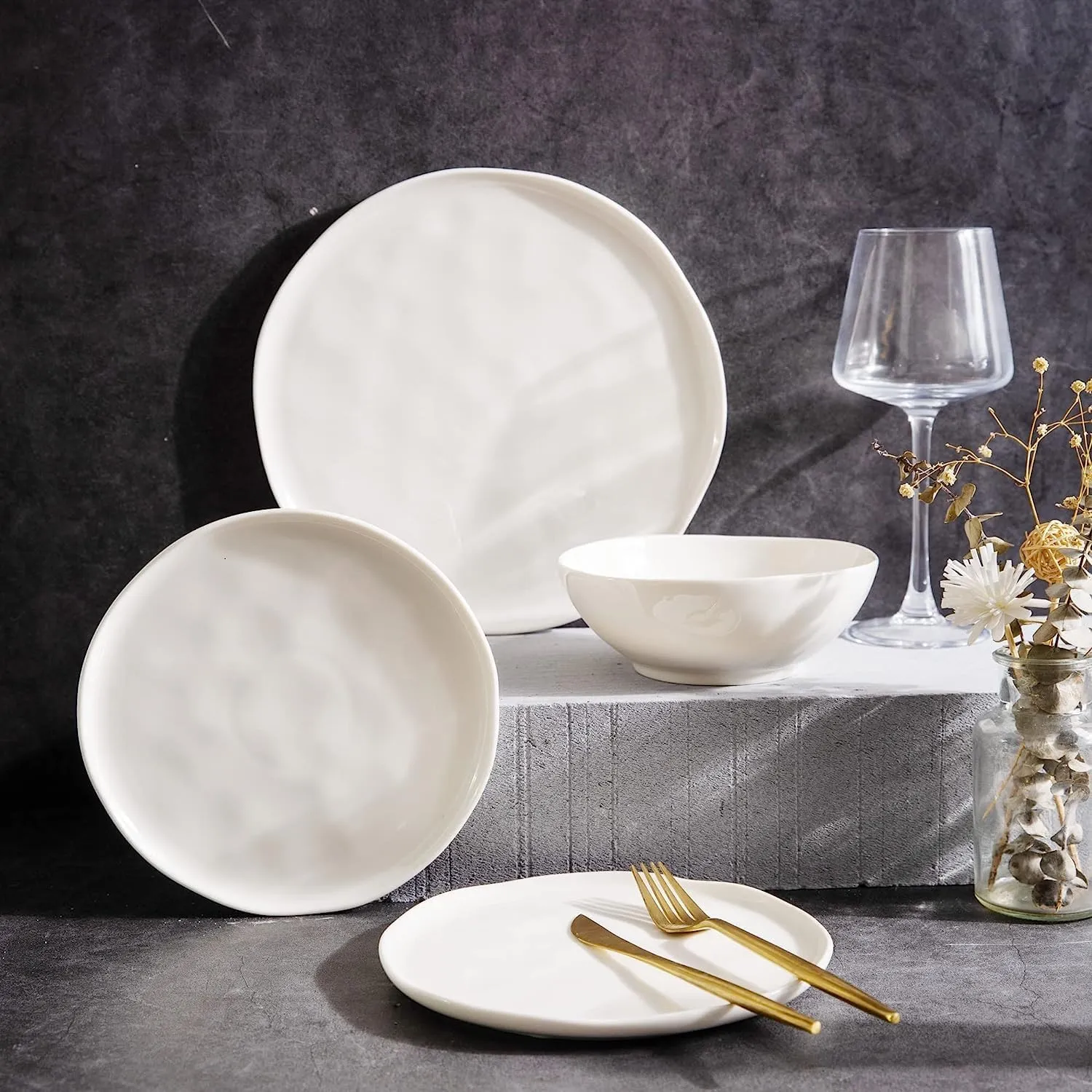 LERATIO Ceramic Plates,8.0 inch Salad Plates Set of 6,Handmade Porcelain Plates for kitchen with Wavy Edge,Microwave & Dishwasher & Oven Safe,Light weight & Scratch Resistant Dishes-White