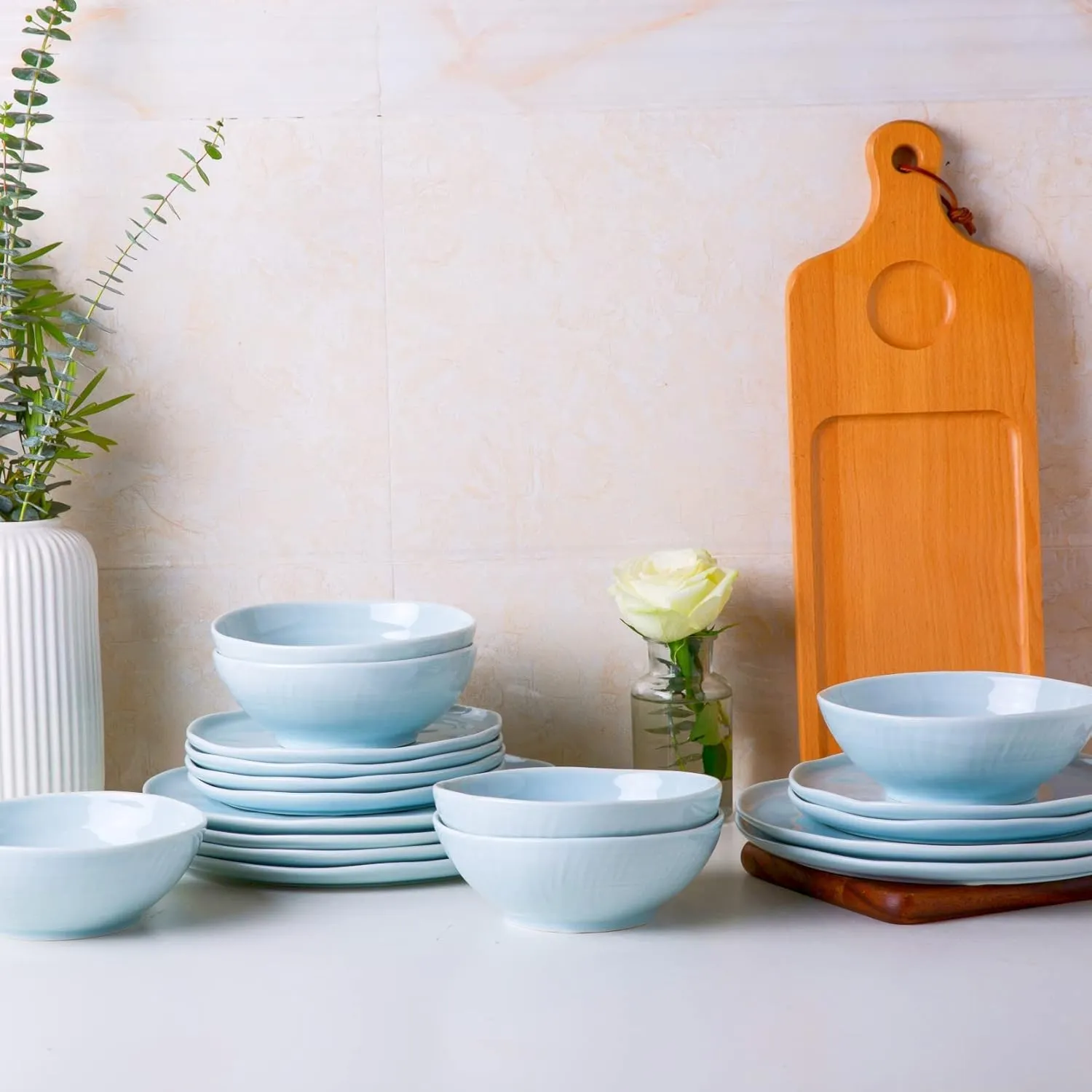 LERATIO Ceramic Plates,8.0 inch Salad Plates Set of 6,Handmade Porcelain Plates for kitchen with Wavy Edge,Microwave & Oven& Dishwashes Safe,Light weight & Scratch Resistant Dishes Light Blue