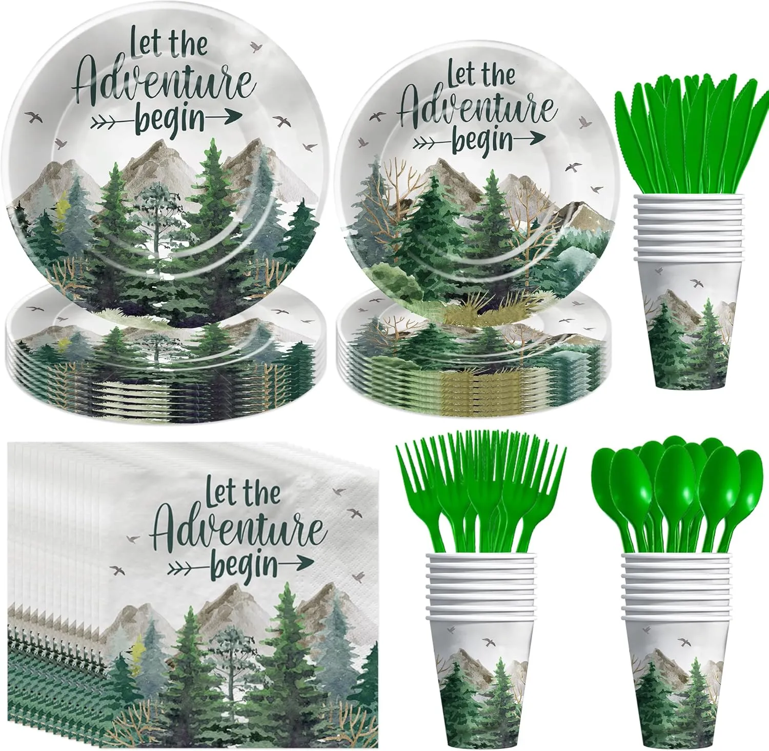 Let The Adventure Begin Baby Shower Decorations Tableware - Adventure Awaits Party Decorations, Plate, Cup, Napkin, Cutlery, Mountain Forest Woodland Camping Travel Party Supplies | Serve 24