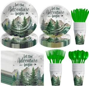 Let The Adventure Begin Baby Shower Decorations Tableware - Adventure Awaits Party Decorations, Plate, Cup, Napkin, Cutlery, Mountain Forest Woodland Camping Travel Party Supplies | Serve 24