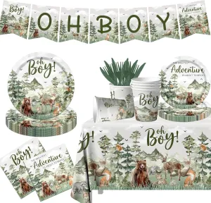 Let The Adventure Begin Baby Shower Tableware,Woodland Baby Shower Plates and Napkins Decorations Cups Banner Tablecloth for Adventure Awaits Baby Shower Boy Mountain Party Decorations