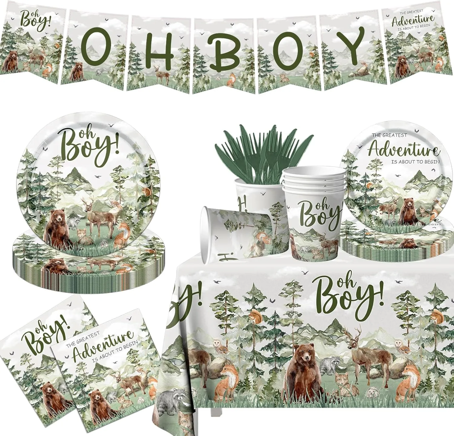 Let The Adventure Begin Baby Shower Tableware,Woodland Baby Shower Plates and Napkins Decorations Cups Banner Tablecloth for Adventure Awaits Baby Shower Boy Mountain Party Decorations