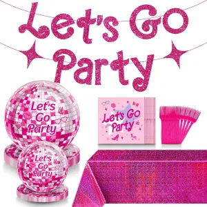 Lets Go Party Decorations, Princess Party Tableware Set Includes Lets Go Party Banner Pink Princess Table Cloths Pink Princess Plates and Napkins for 24 Guests, Princess Party Decorations