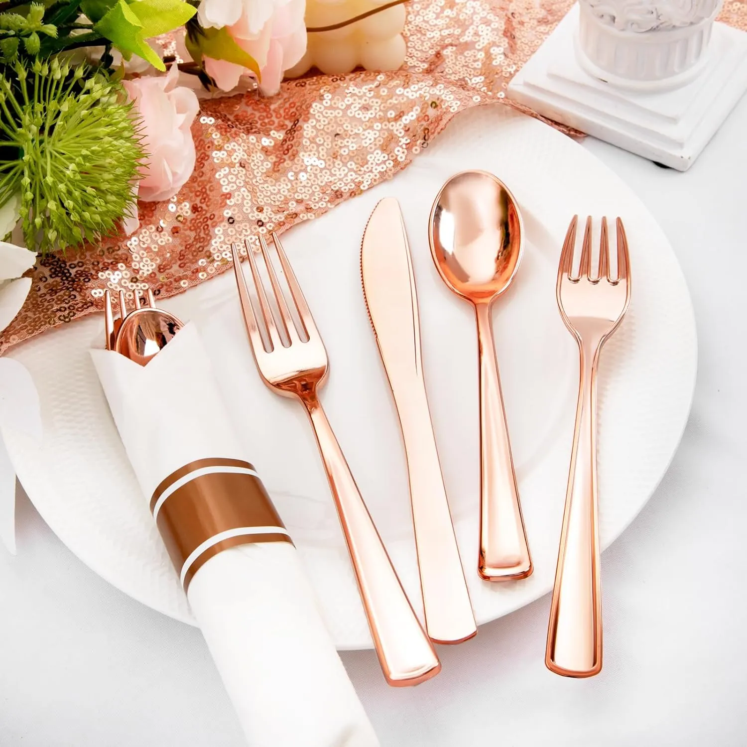 Liacere 100Pack Rose Gold Plastic Silverware - Pre Rolled Napkins with Rose Gold Cutlery - Wrapped Silverware Set Disposable100 Forks Knives Spoons Wrapped Utensils for Wedding&Easter Day&Mother's Day
