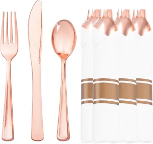 Liacere 100Pack Rose Gold Plastic Silverware - Pre Rolled Napkins with Rose Gold Cutlery - Wrapped Silverware Set Disposable100 Forks Knives Spoons Wrapped Utensils for Wedding&Easter Day&Mother's Day