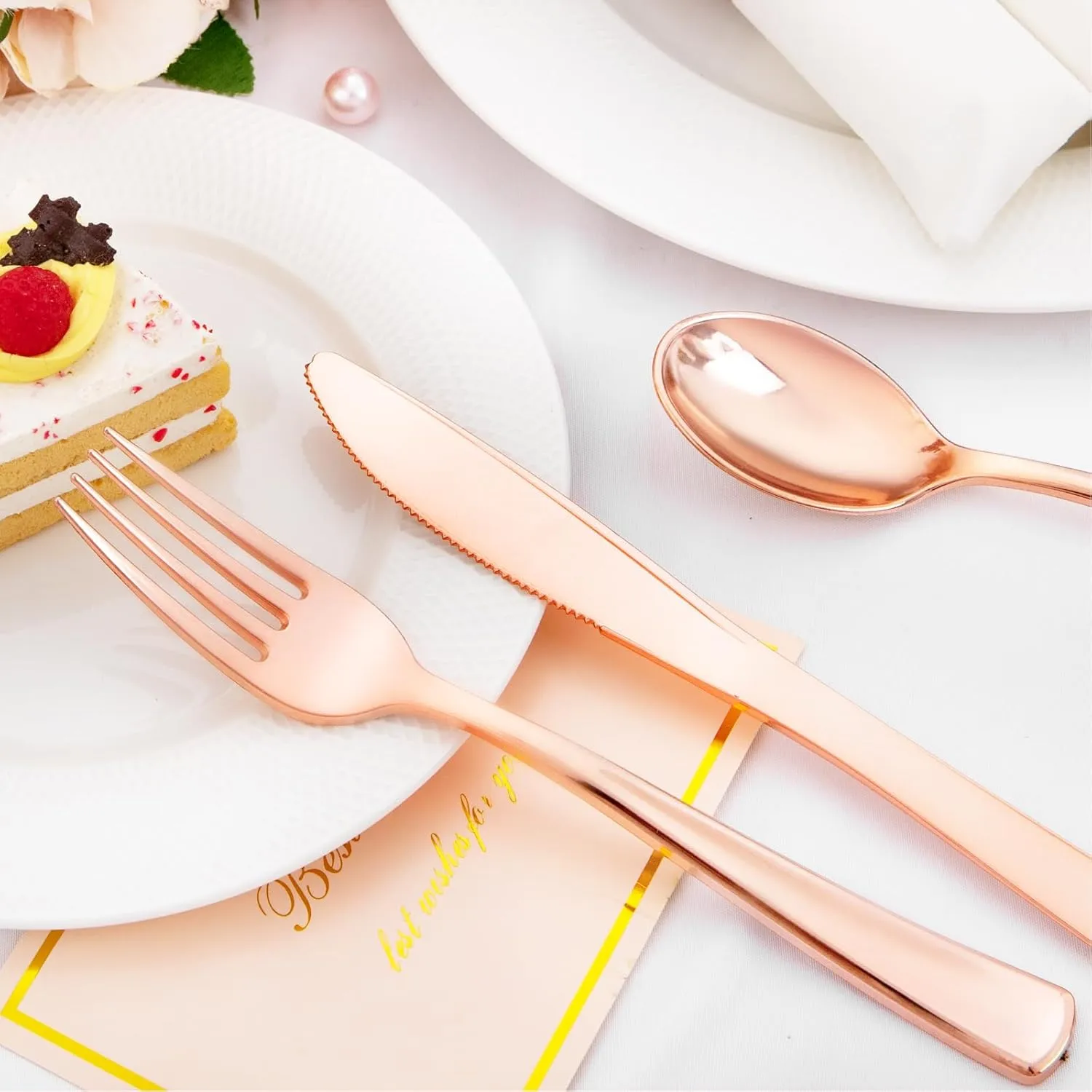 Liacere 100Pack Rose Gold Plastic Silverware - Pre Rolled Napkins with Rose Gold Cutlery - Wrapped Silverware Set Disposable100 Forks Knives Spoons Wrapped Utensils for Wedding&Easter Day&Mother's Day