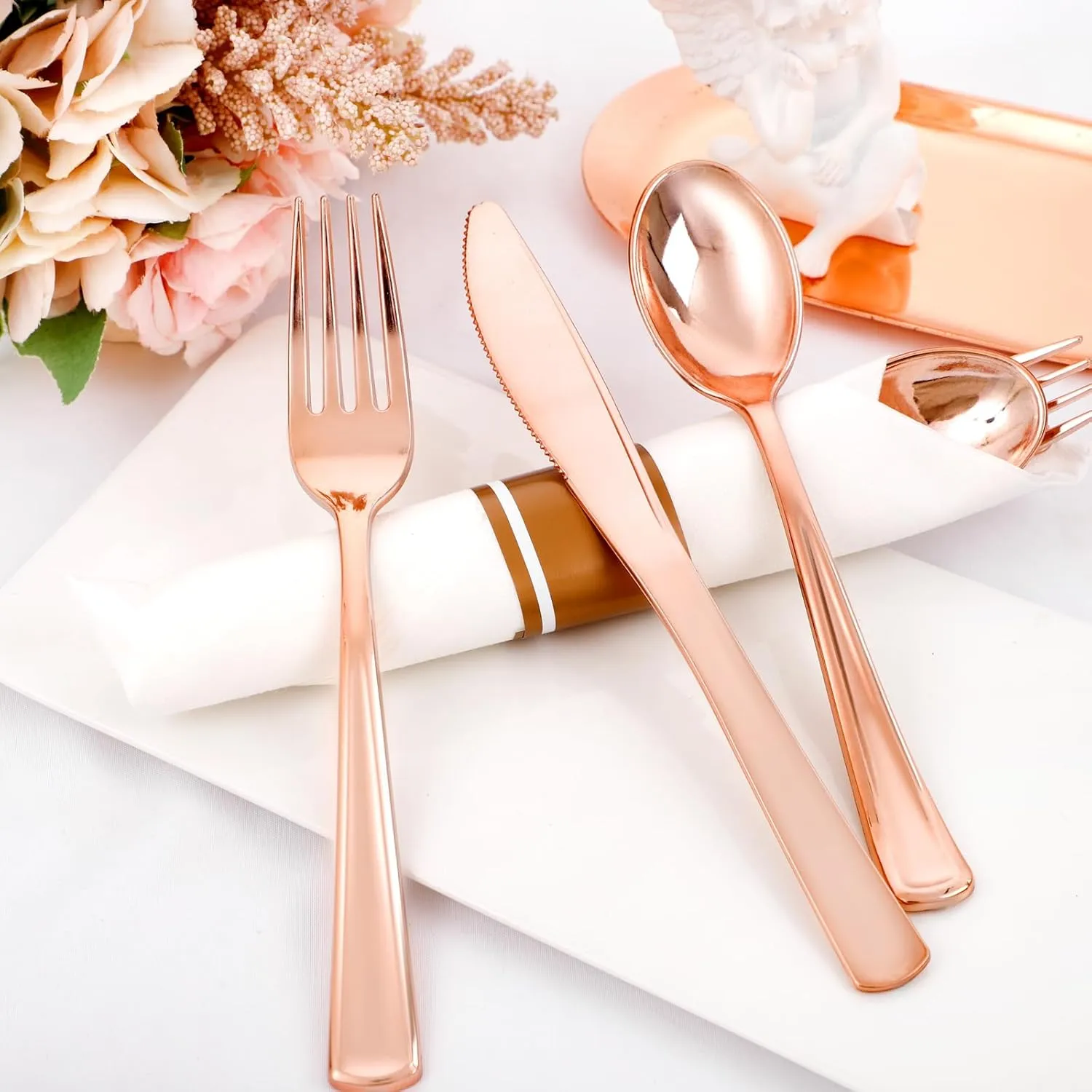 Liacere 100Pack Rose Gold Plastic Silverware - Pre Rolled Napkins with Rose Gold Cutlery - Wrapped Silverware Set Disposable100 Forks Knives Spoons Wrapped Utensils for Wedding&Easter Day&Mother's Day