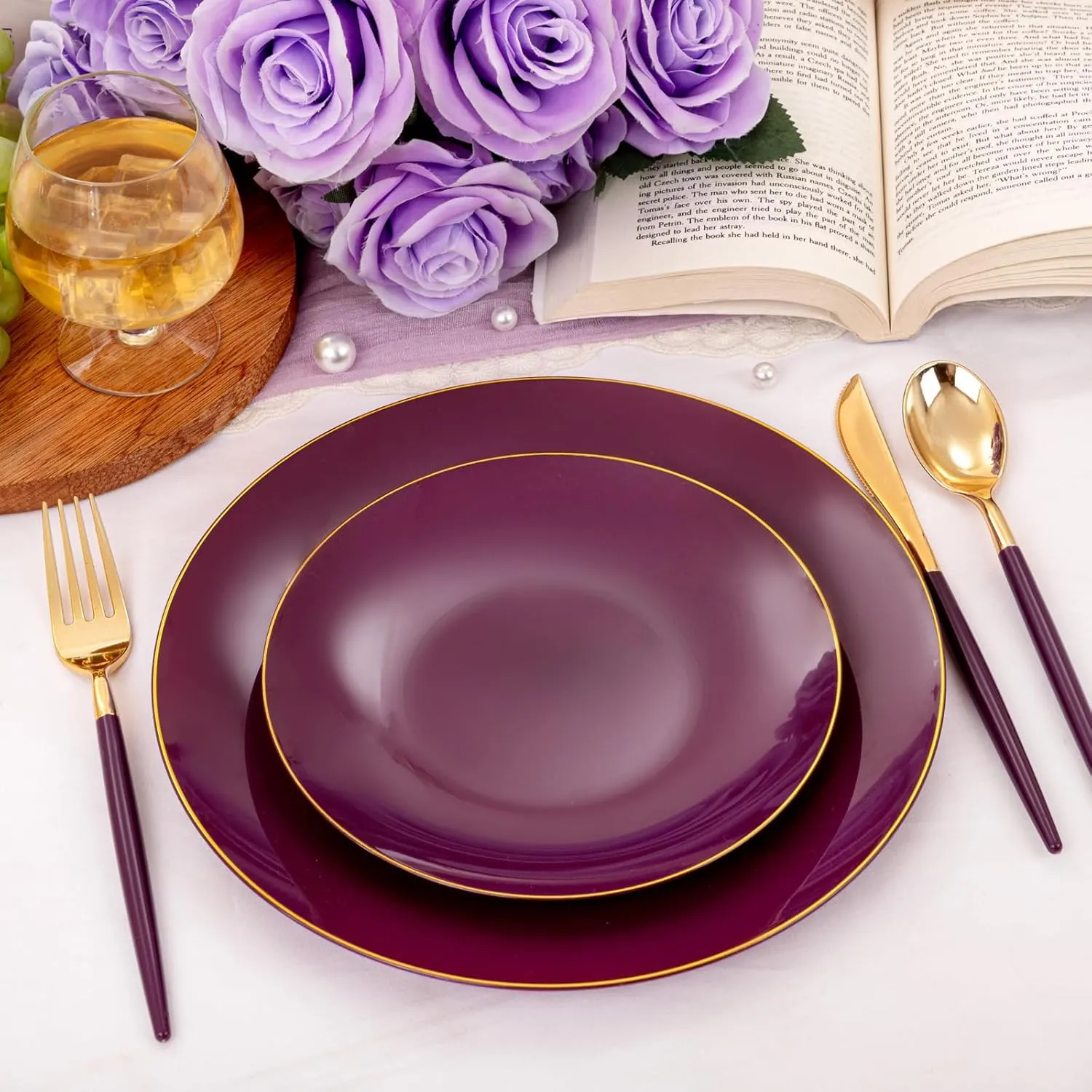 Liacere 150PCS Purple Plastic Plates - Gold Plastic Silverware with Purple Handle - Disposable Plates Include 30 Guests Plates, Forks, Spoons, Knives for Wedding&Father's Day&Independence Day