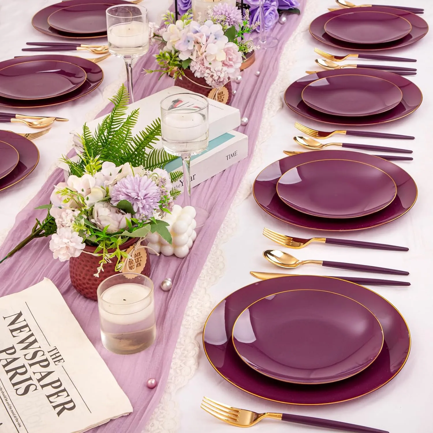 Liacere 150PCS Purple Plastic Plates - Gold Plastic Silverware with Purple Handle - Disposable Plates Include 30 Guests Plates, Forks, Spoons, Knives for Wedding&Father's Day&Independence Day