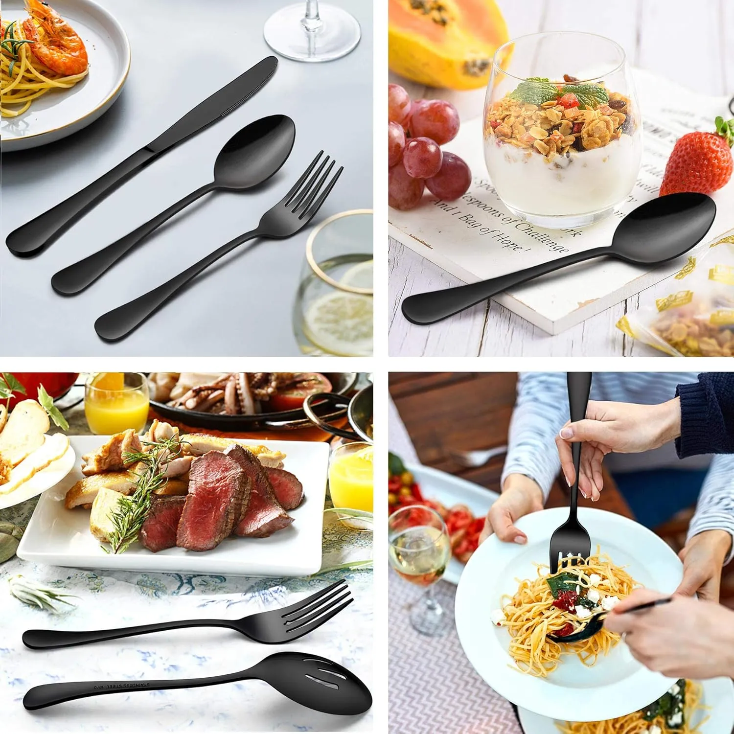 LIANYU 36-Piece Black Silverware Set with Serving Utensils, Stainless Steel Black Silverware Flatware Set for 6, Cutlery Tableware Includes Forks Spoons Knives, Mirror Polished, Dishwasher Safe