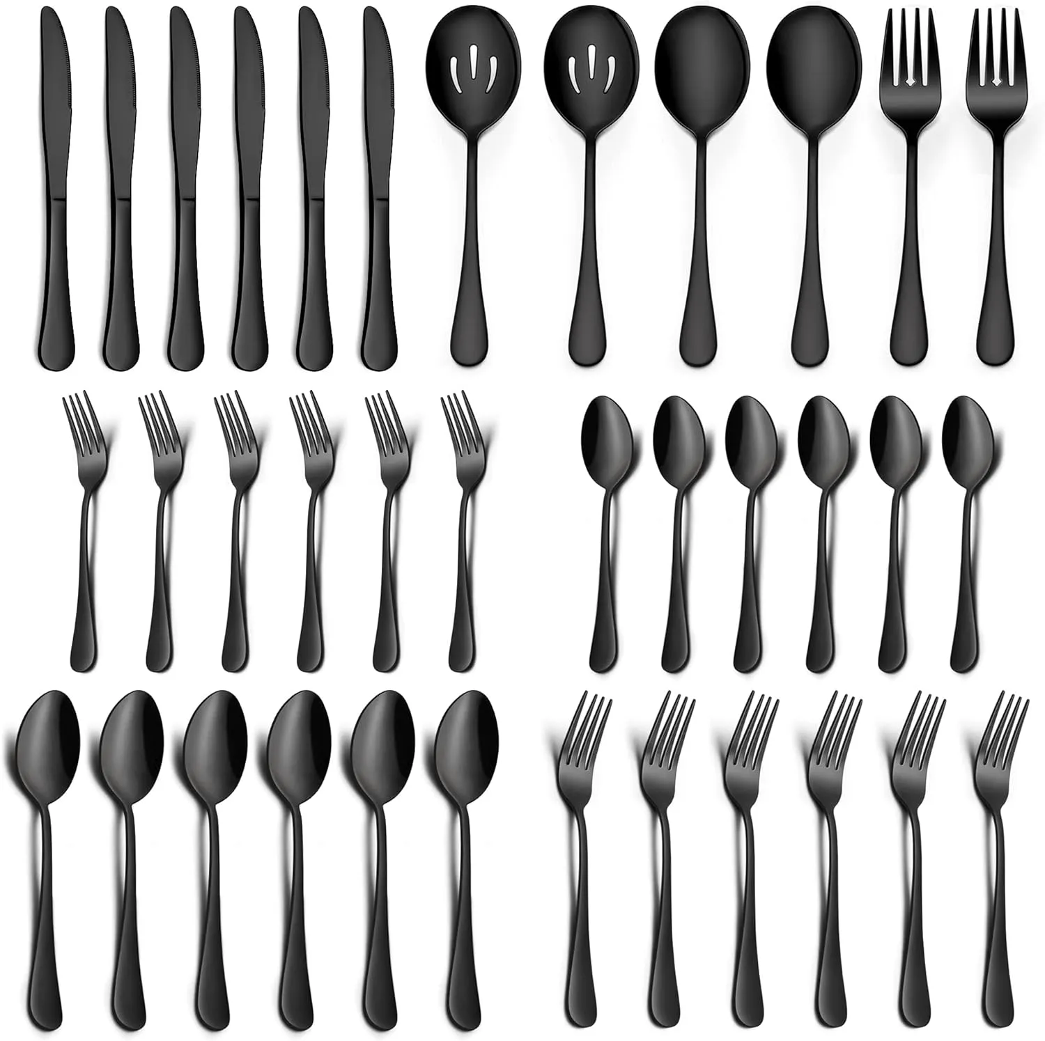 LIANYU 36-Piece Black Silverware Set with Serving Utensils, Stainless Steel Black Silverware Flatware Set for 6, Cutlery Tableware Includes Forks Spoons Knives, Mirror Polished, Dishwasher Safe