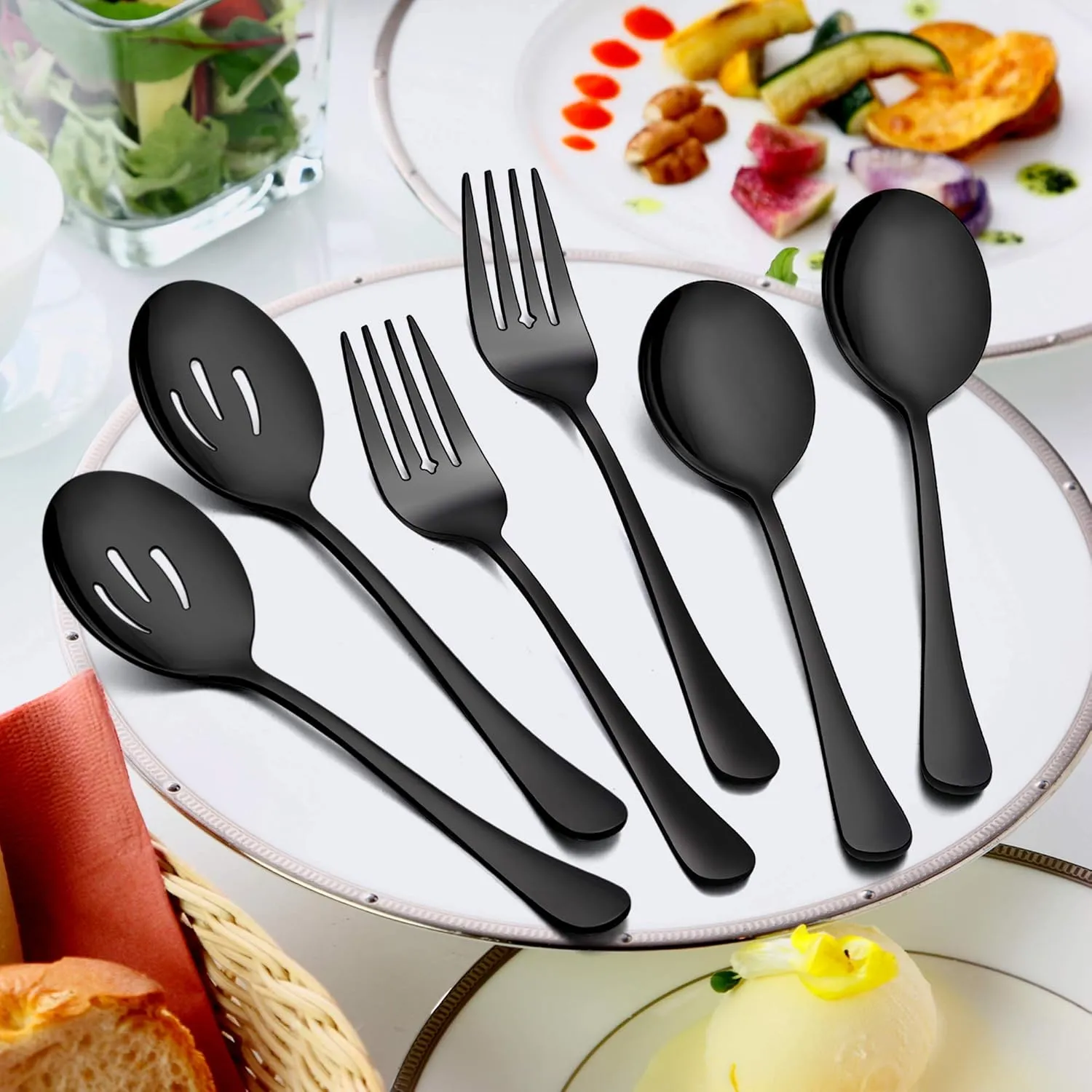 LIANYU 36-Piece Black Silverware Set with Serving Utensils, Stainless Steel Black Silverware Flatware Set for 6, Cutlery Tableware Includes Forks Spoons Knives, Mirror Polished, Dishwasher Safe
