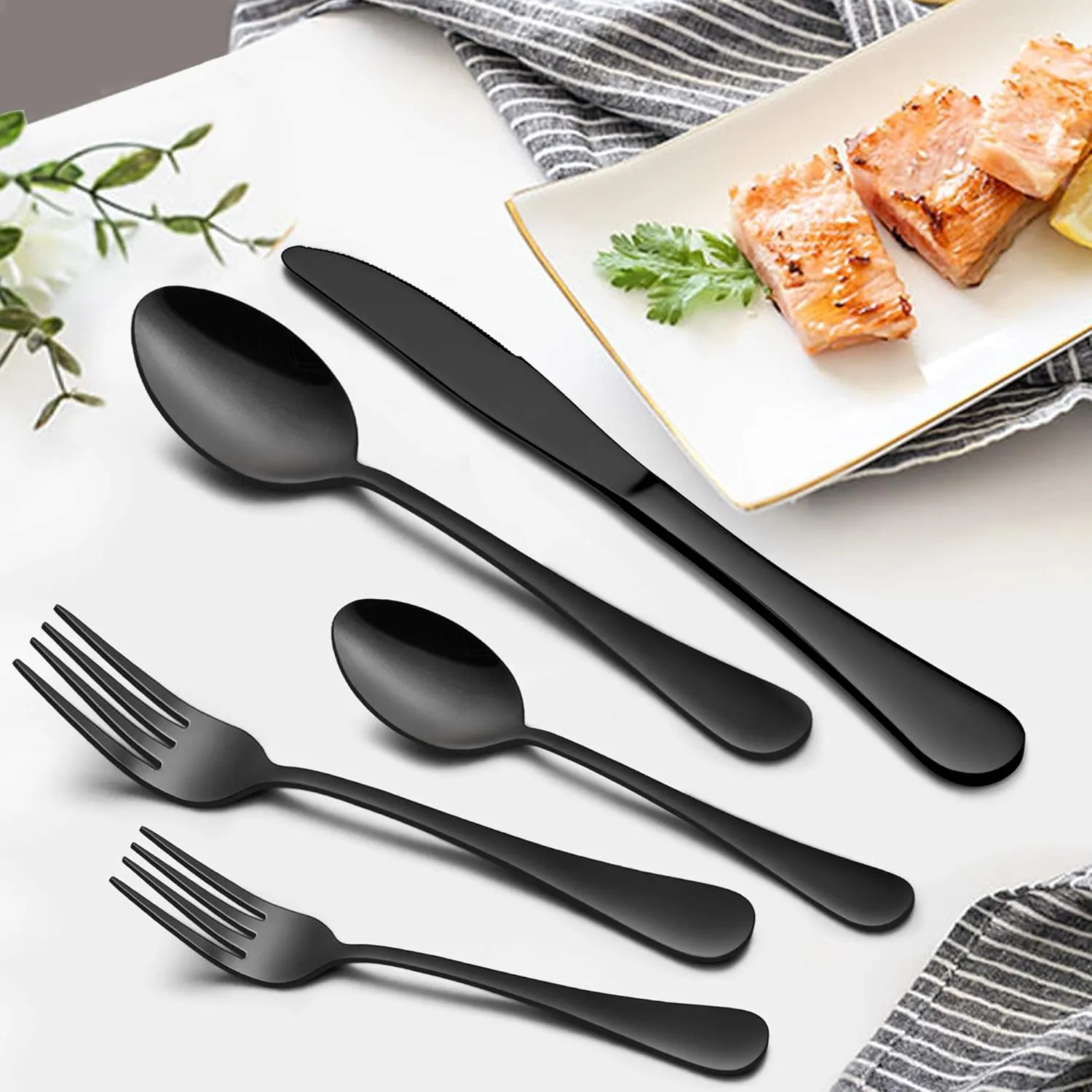 LIANYU 36-Piece Black Silverware Set with Serving Utensils, Stainless Steel Black Silverware Flatware Set for 6, Cutlery Tableware Includes Forks Spoons Knives, Mirror Polished, Dishwasher Safe