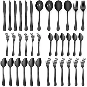 LIANYU 36-Piece Black Silverware Set with Serving Utensils, Stainless Steel Black Silverware Flatware Set for 6, Cutlery Tableware Includes Forks Spoons Knives, Mirror Polished, Dishwasher Safe