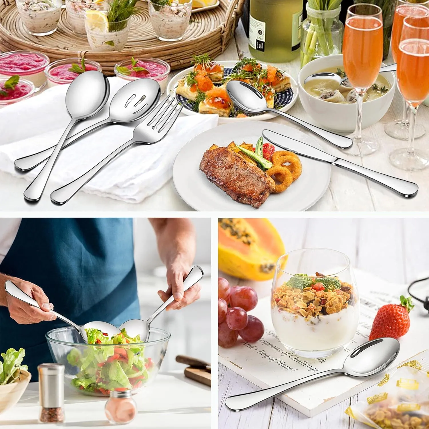 LIANYU 46-Piece Silverware Flatware Set for 8, Plus Serving Utensils, Stainless Steel Cutlery Tableware, Includes Fork Spoon Knife, Mirror Polished, Dishwasher Safe