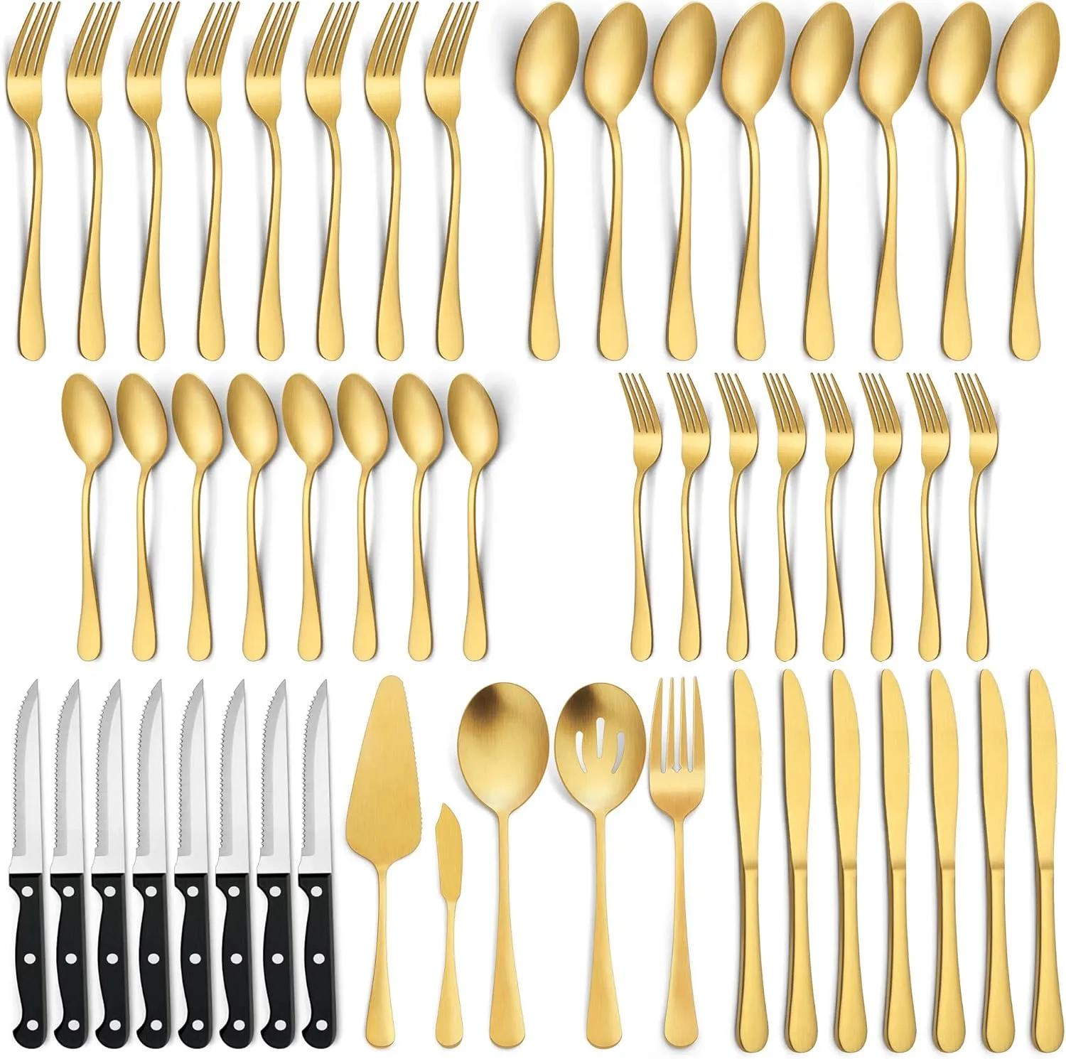 LIANYU 53-Piece Matte Gold Silverware Set with Steak Knives and Serving Utensils, Modern Stainless Steel Flatware Cutlery Set for 8, Fancy Eating Utensils Tableware