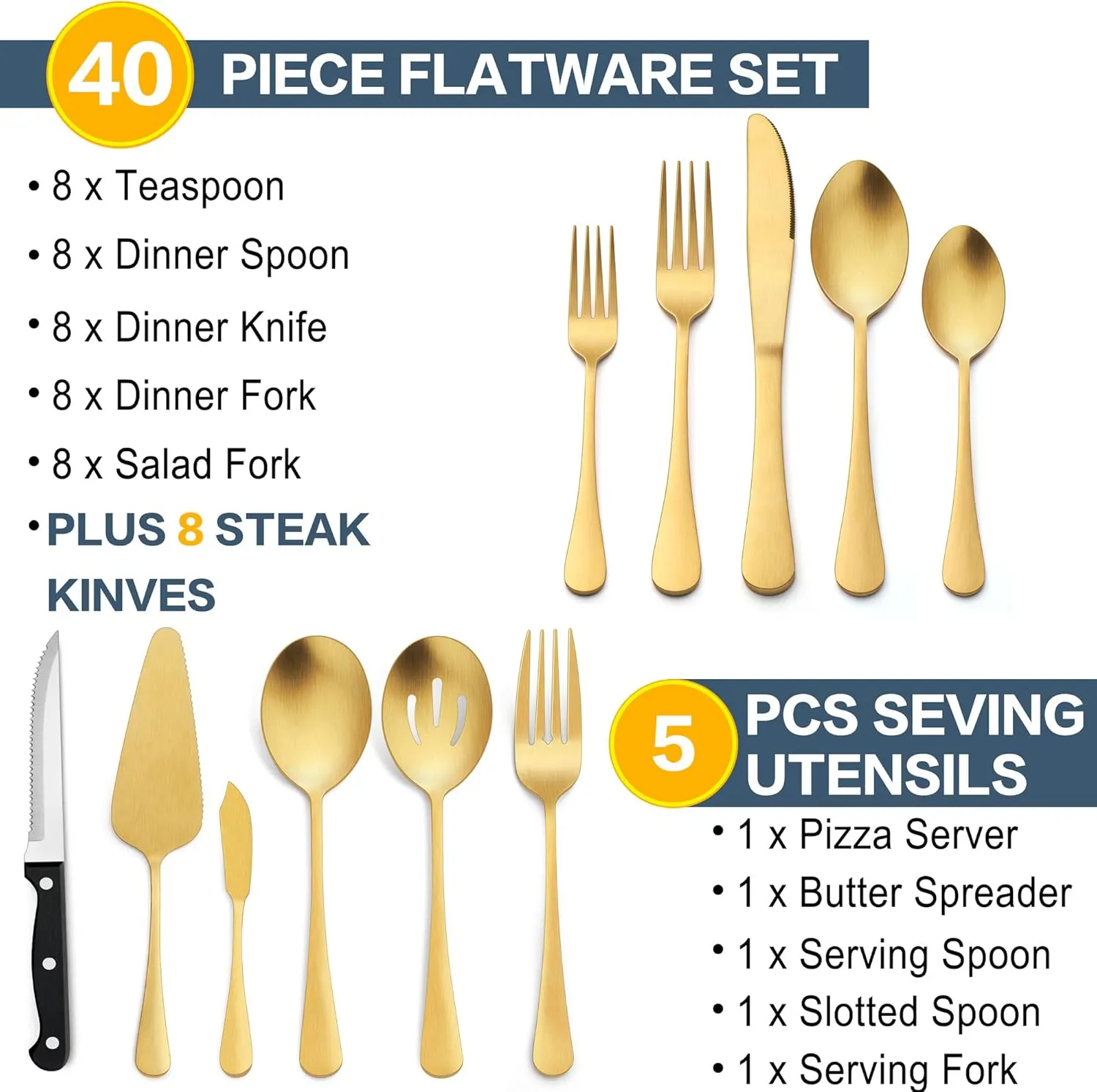 LIANYU 53-Piece Matte Gold Silverware Set with Steak Knives and Serving Utensils, Modern Stainless Steel Flatware Cutlery Set for 8, Fancy Eating Utensils Tableware