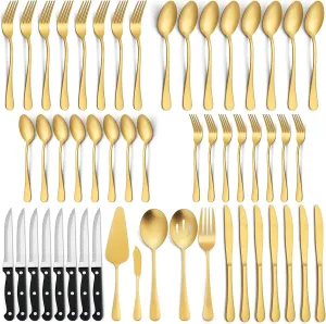 LIANYU 53-Piece Matte Gold Silverware Set with Steak Knives and Serving Utensils, Modern Stainless Steel Flatware Cutlery Set for 8, Fancy Eating Utensils Tableware