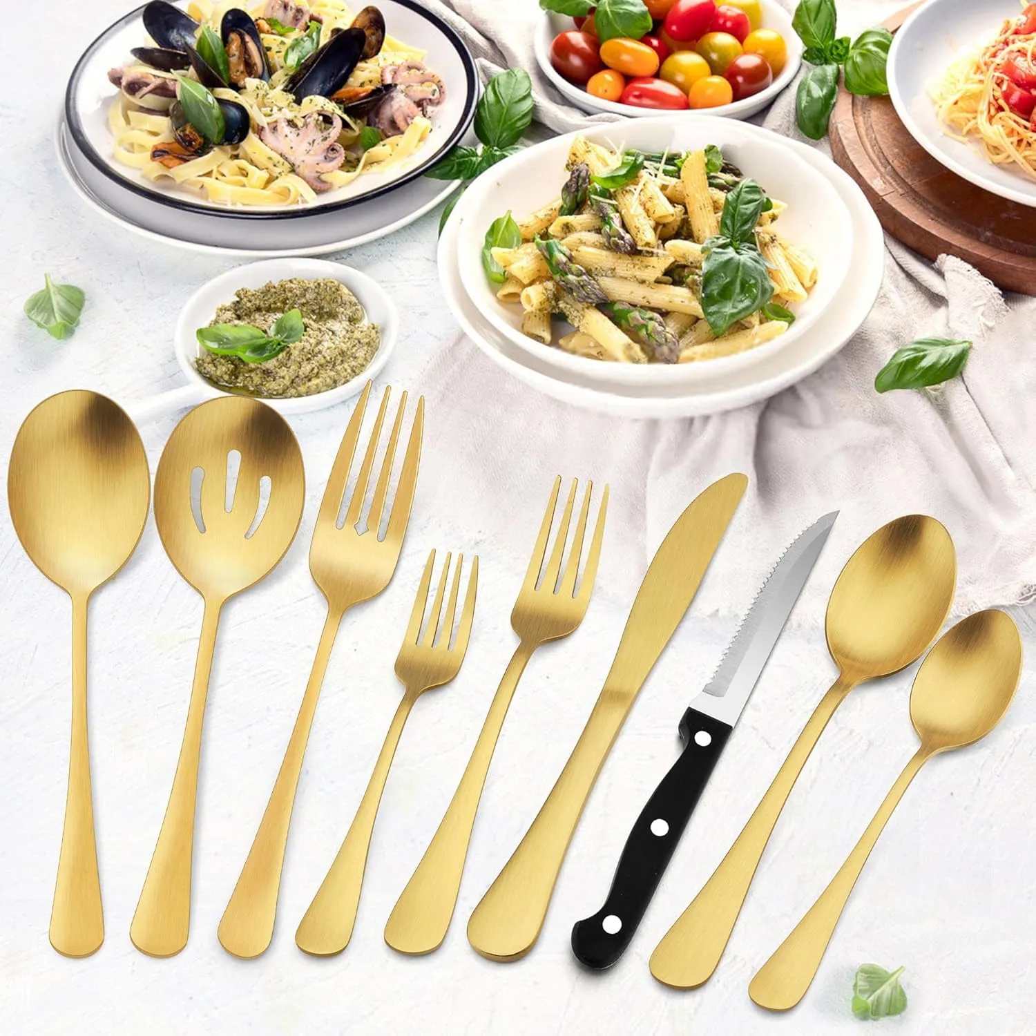 LIANYU 53-Piece Matte Gold Silverware Set with Steak Knives and Serving Utensils, Modern Stainless Steel Flatware Cutlery Set for 8, Fancy Eating Utensils Tableware
