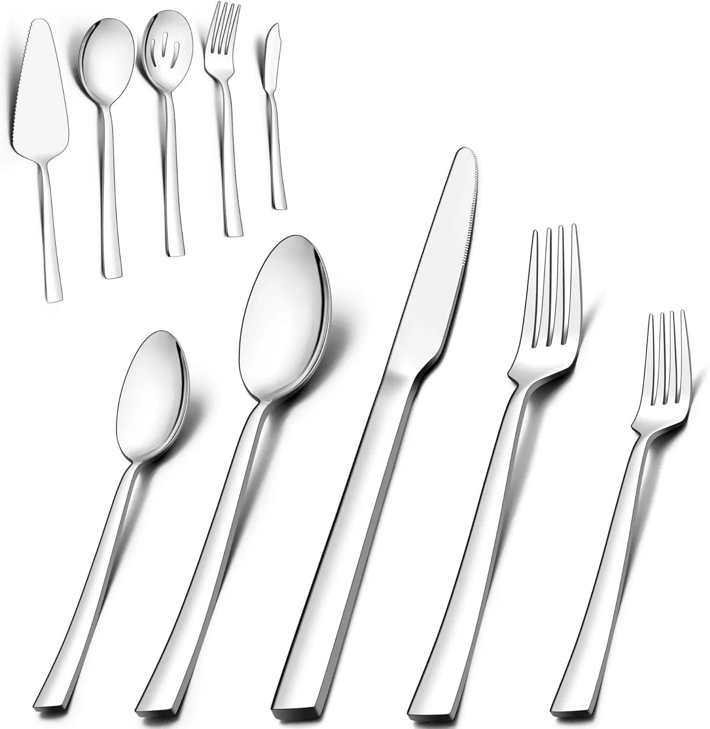 LIANYU 65 Piece Silverware Set with Serving Utensils Tableware, Stainless Steel Square Flatware Cutlery Set for 12, Mirror Finish, Dishwasher Safe