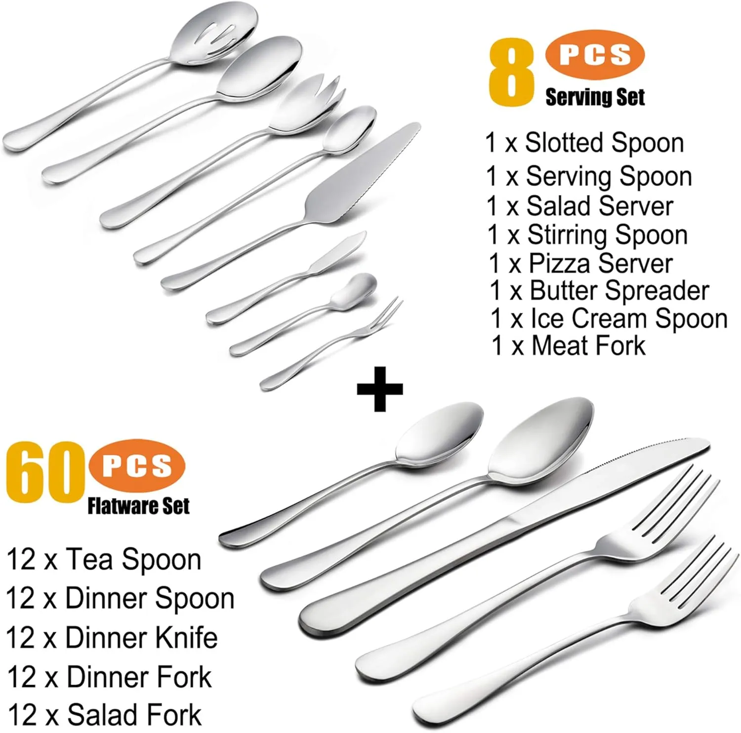 LIANYU 68-Piece Flatware Silverware Set Service for 12, Stainless Steel Cutlery Set with Serving Utensils, Mirror Polished, Dishwasher Safe