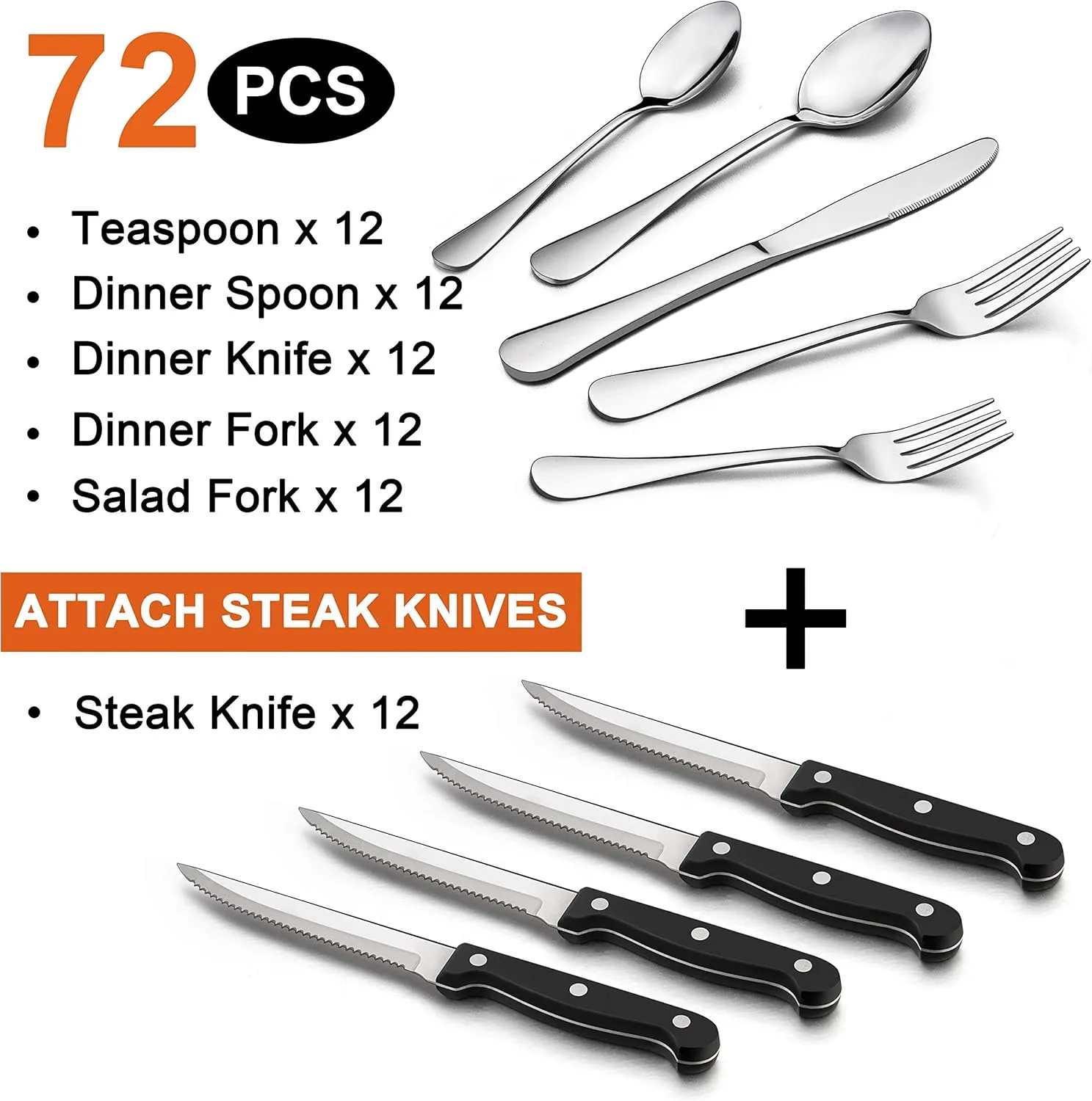 LIANYU 72-Piece Silverware Set with Steak Knives, Stainless Steel Flatware Cutlery Set for 12, Fancy Eating Utensils Tableware, Dishwasher Safe, Mirror Finish