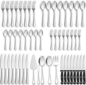 LIANYU 77-Piece Silverware Flatware Set for 12, Plus Steak Knives and Serving Utensils, Stainless Steel Flatware Cutlery Set, Eating Utensils Tableware with Scalloped Edge, Dishwasher Safe
