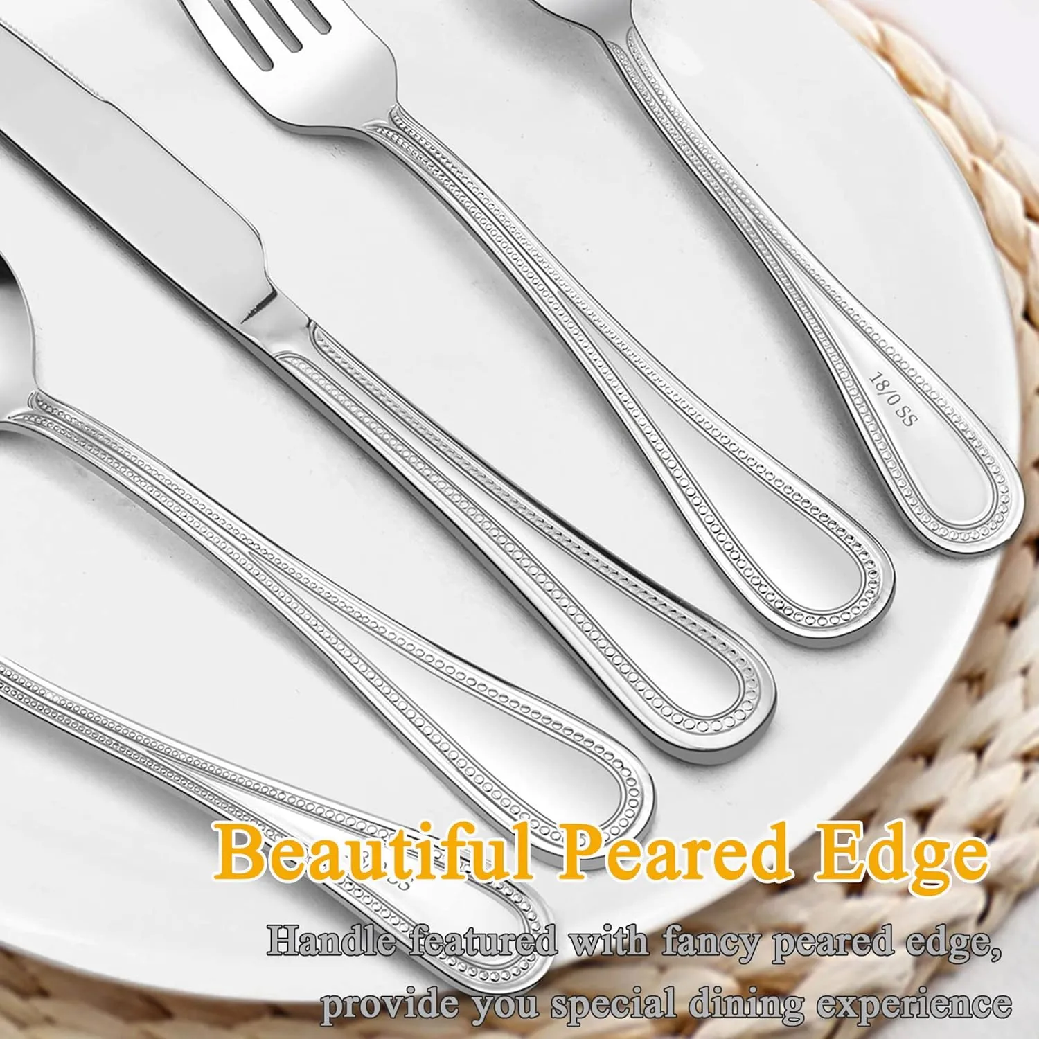 LIANYU Silverware Flatware Set for 10, 50-Piece Stainless Steel Cutlery Set with Pearled Edge, Fancy Eating Utensils Tableware Includes Knives Forks Spoons, Mirror Finished, Dishwasher Safe
