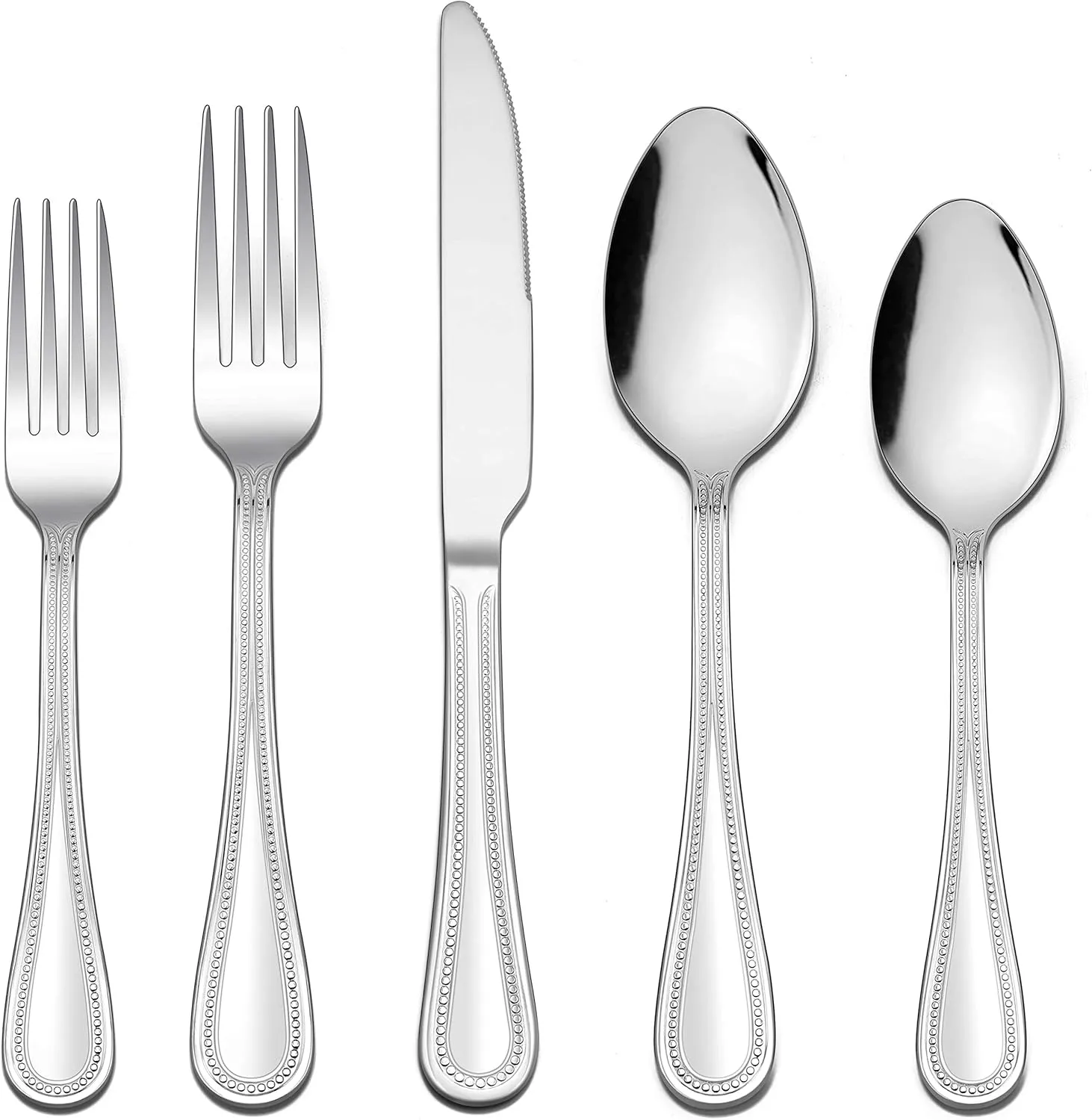LIANYU Silverware Flatware Set for 10, 50-Piece Stainless Steel Cutlery Set with Pearled Edge, Fancy Eating Utensils Tableware Includes Knives Forks Spoons, Mirror Finished, Dishwasher Safe