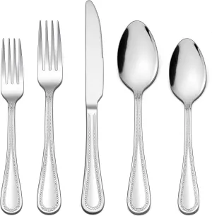 LIANYU Silverware Flatware Set for 10, 50-Piece Stainless Steel Cutlery Set with Pearled Edge, Fancy Eating Utensils Tableware Includes Knives Forks Spoons, Mirror Finished, Dishwasher Safe
