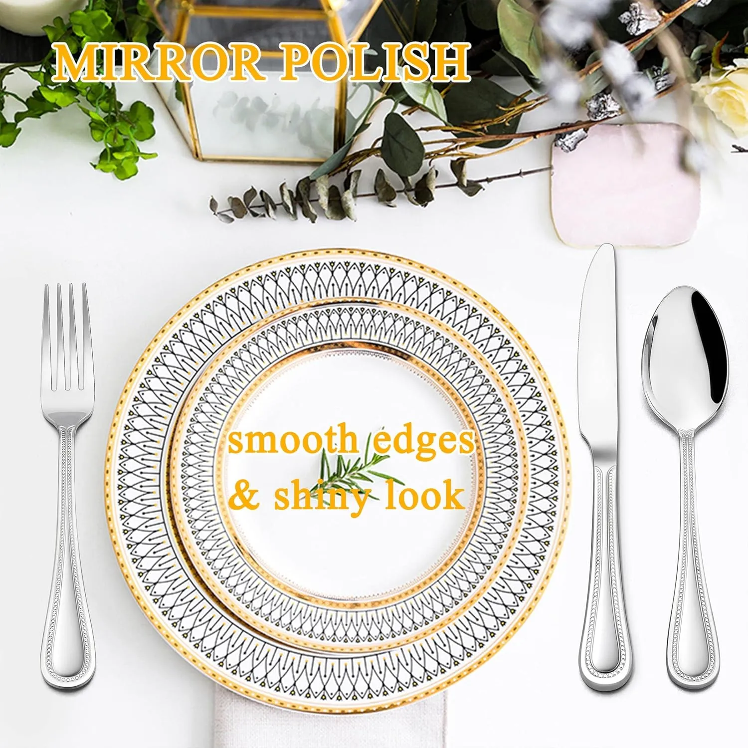 LIANYU Silverware Flatware Set for 10, 50-Piece Stainless Steel Cutlery Set with Pearled Edge, Fancy Eating Utensils Tableware Includes Knives Forks Spoons, Mirror Finished, Dishwasher Safe