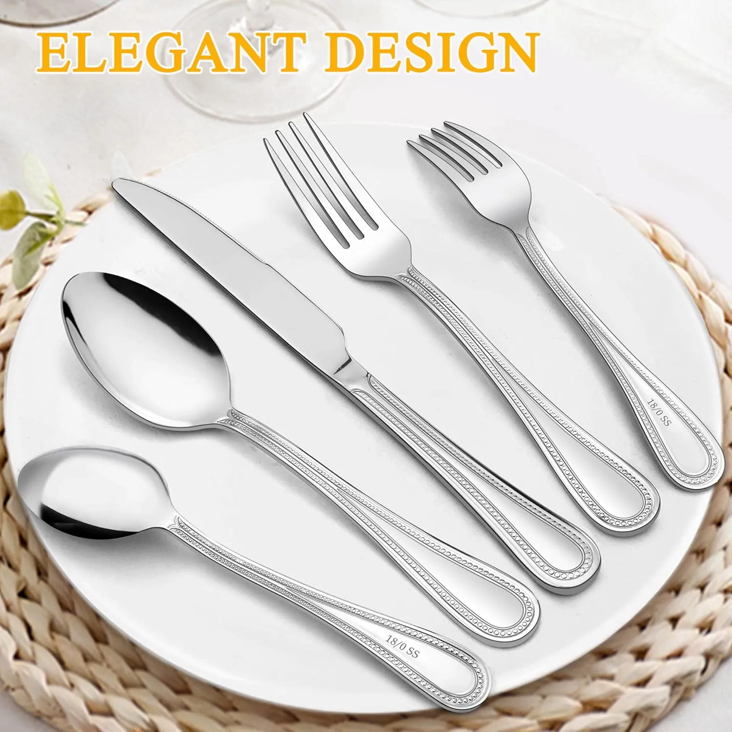 LIANYU Silverware Flatware Set for 10, 50-Piece Stainless Steel Cutlery Set with Pearled Edge, Fancy Eating Utensils Tableware Includes Knives Forks Spoons, Mirror Finished, Dishwasher Safe