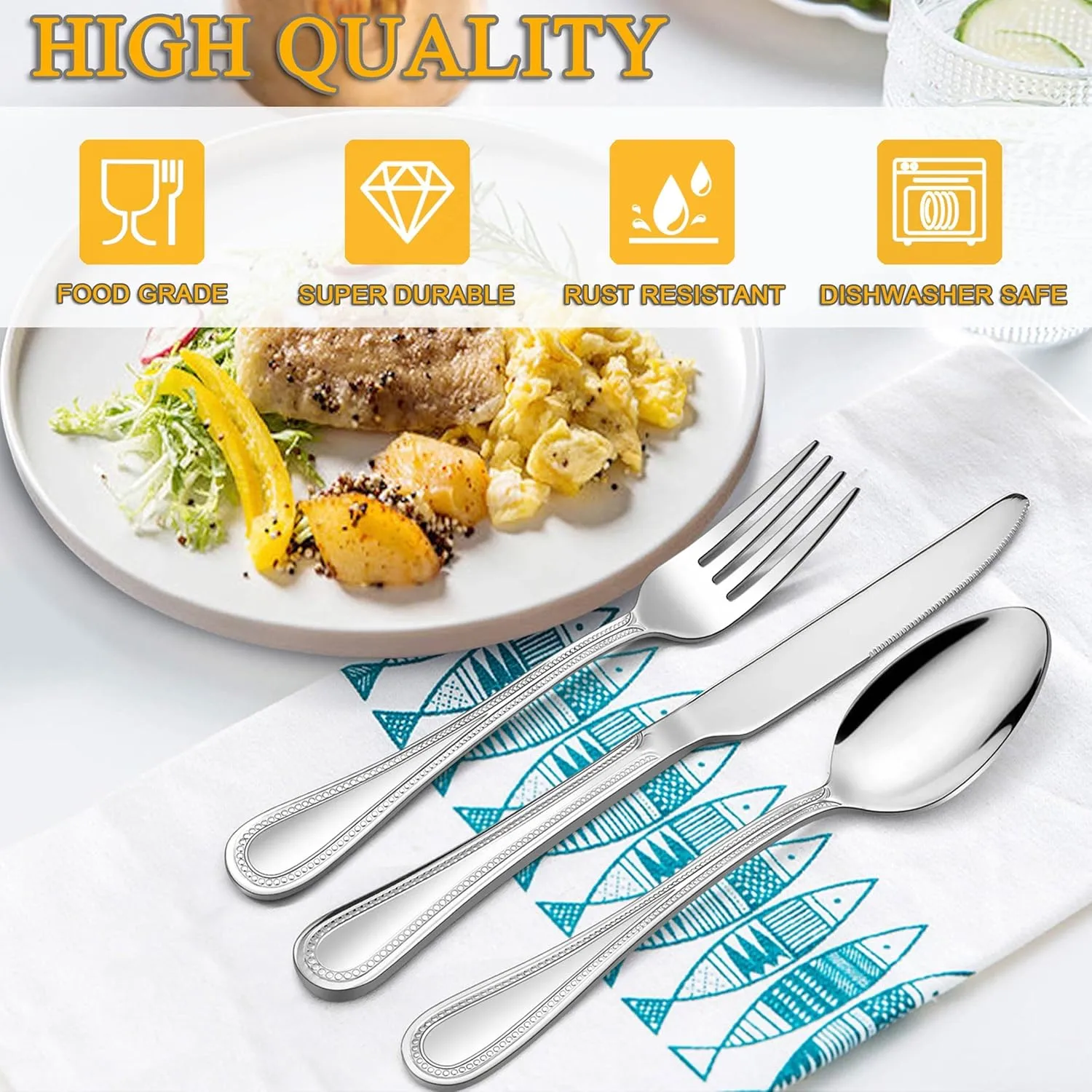 LIANYU Silverware Flatware Set for 10, 50-Piece Stainless Steel Cutlery Set with Pearled Edge, Fancy Eating Utensils Tableware Includes Knives Forks Spoons, Mirror Finished, Dishwasher Safe