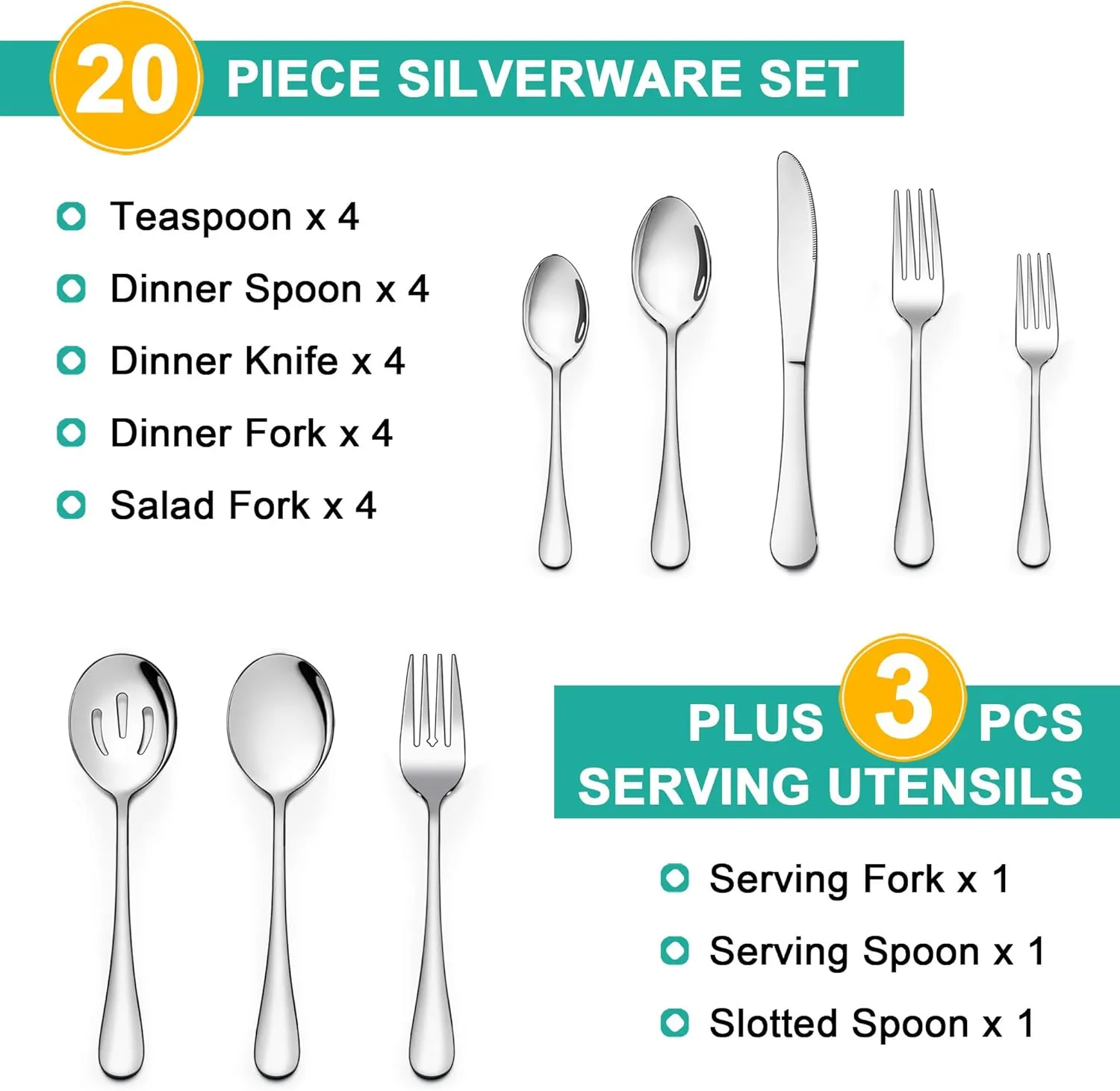 LIANYU Silverware Set, 23-Piece Flatware Set with Serving Utensils, Stainless Steel Cutlery Service for 4, Modern Tableware Includes Fork Spoon Knife, Mirror Polished, Dishwasher Safe
