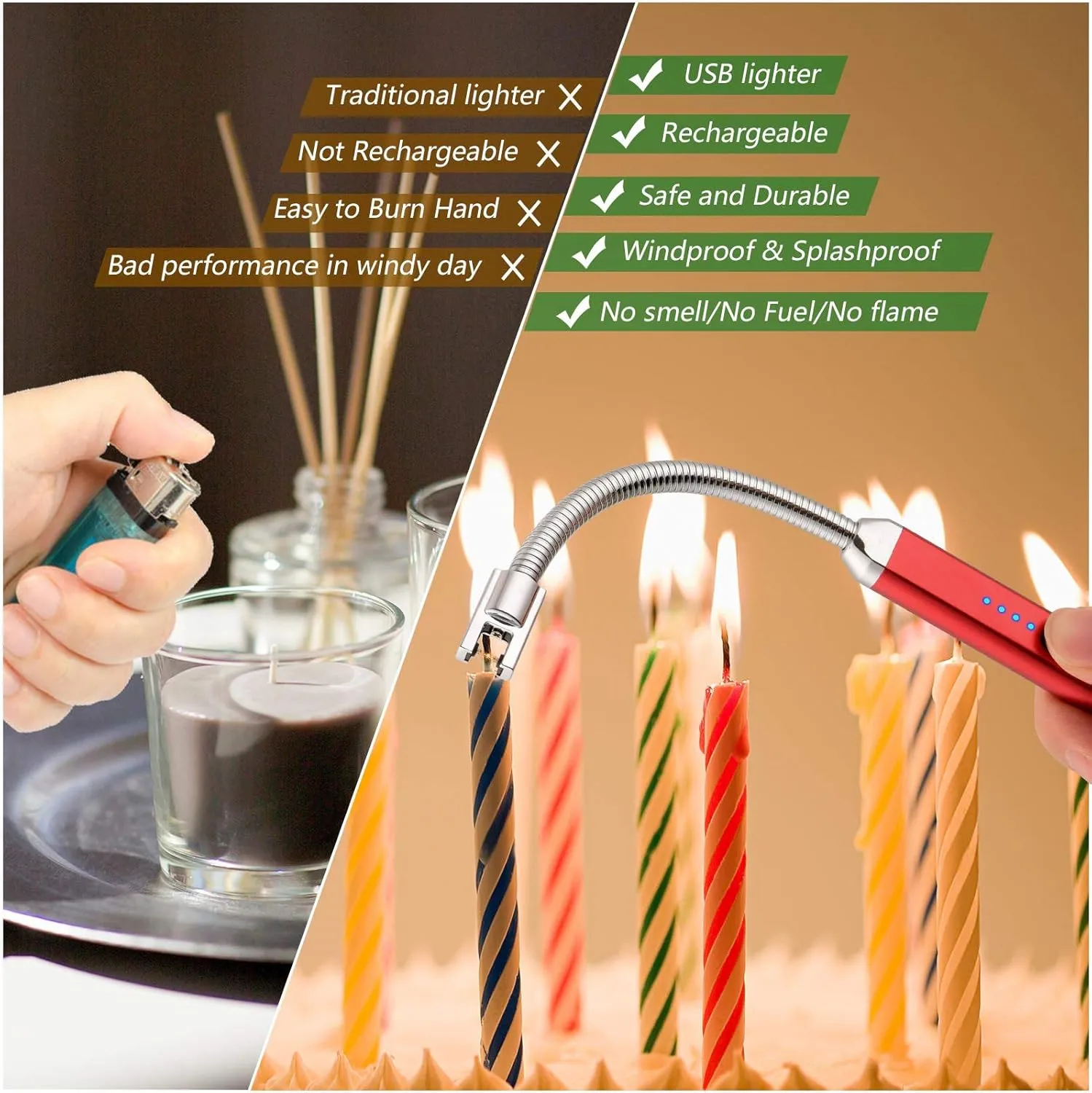 Lighter Electric Candle Lighter Birthday Women's Day Gifts for Women Mom Wife Men, Long Electronic Rechargeable USB Lighter Arc Windproof Flameless Lighters for Candle Camping BBQ (Red)