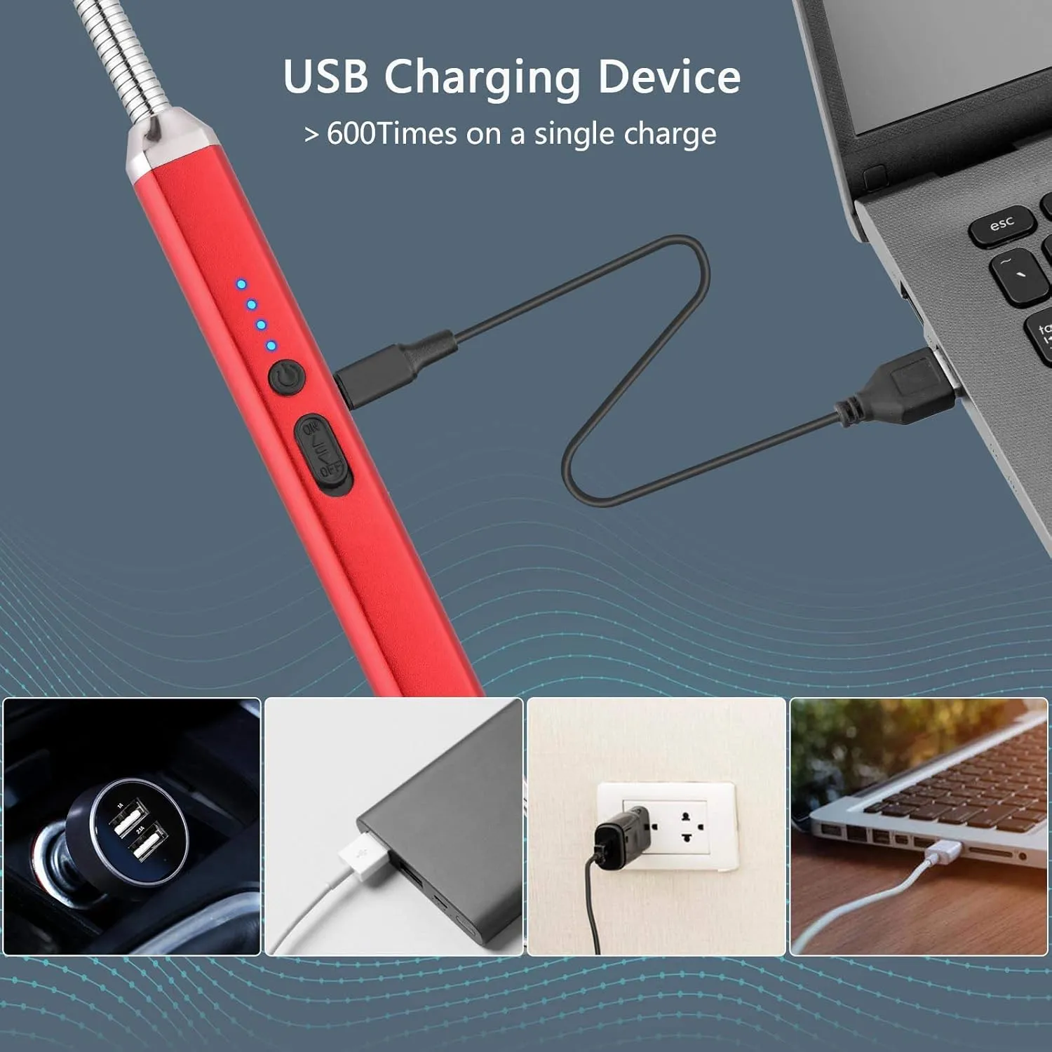 Lighter Electric Candle Lighter Birthday Women's Day Gifts for Women Mom Wife Men, Long Electronic Rechargeable USB Lighter Arc Windproof Flameless Lighters for Candle Camping BBQ (Red)