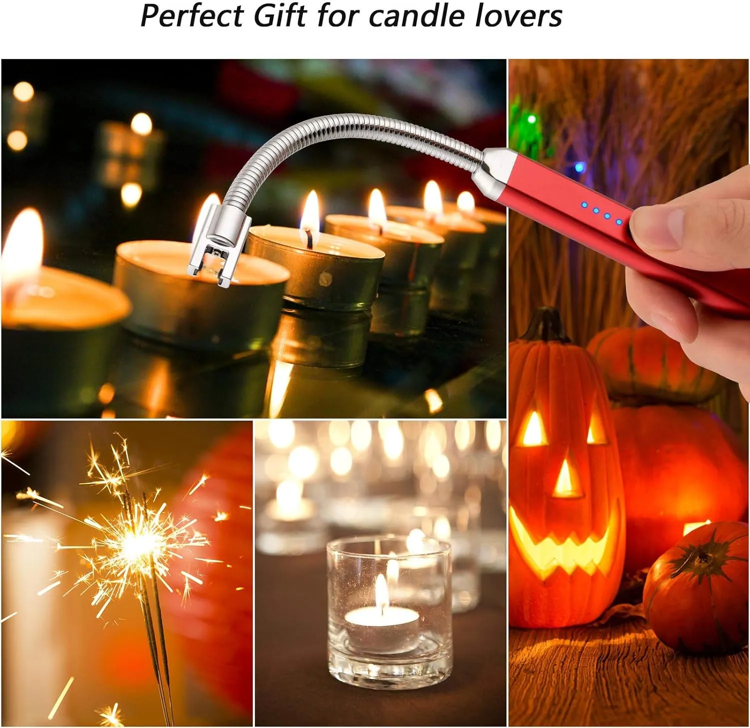 Lighter Electric Candle Lighter Birthday Women's Day Gifts for Women Mom Wife Men, Long Electronic Rechargeable USB Lighter Arc Windproof Flameless Lighters for Candle Camping BBQ (Red)